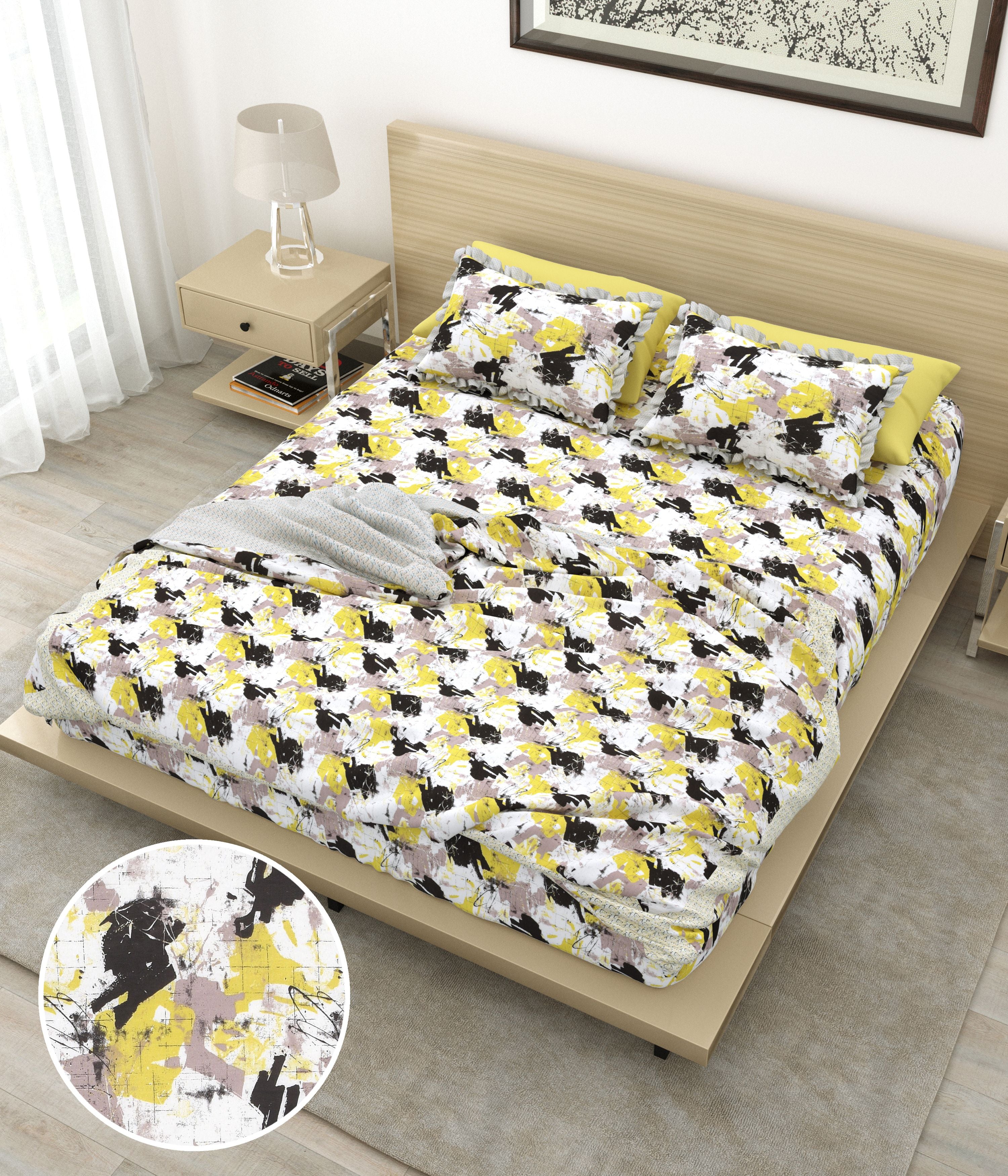 AP All-Season Cotton Dohar with Abstract Print Lightweight Blanket for Double Bed Color Yellow & Black