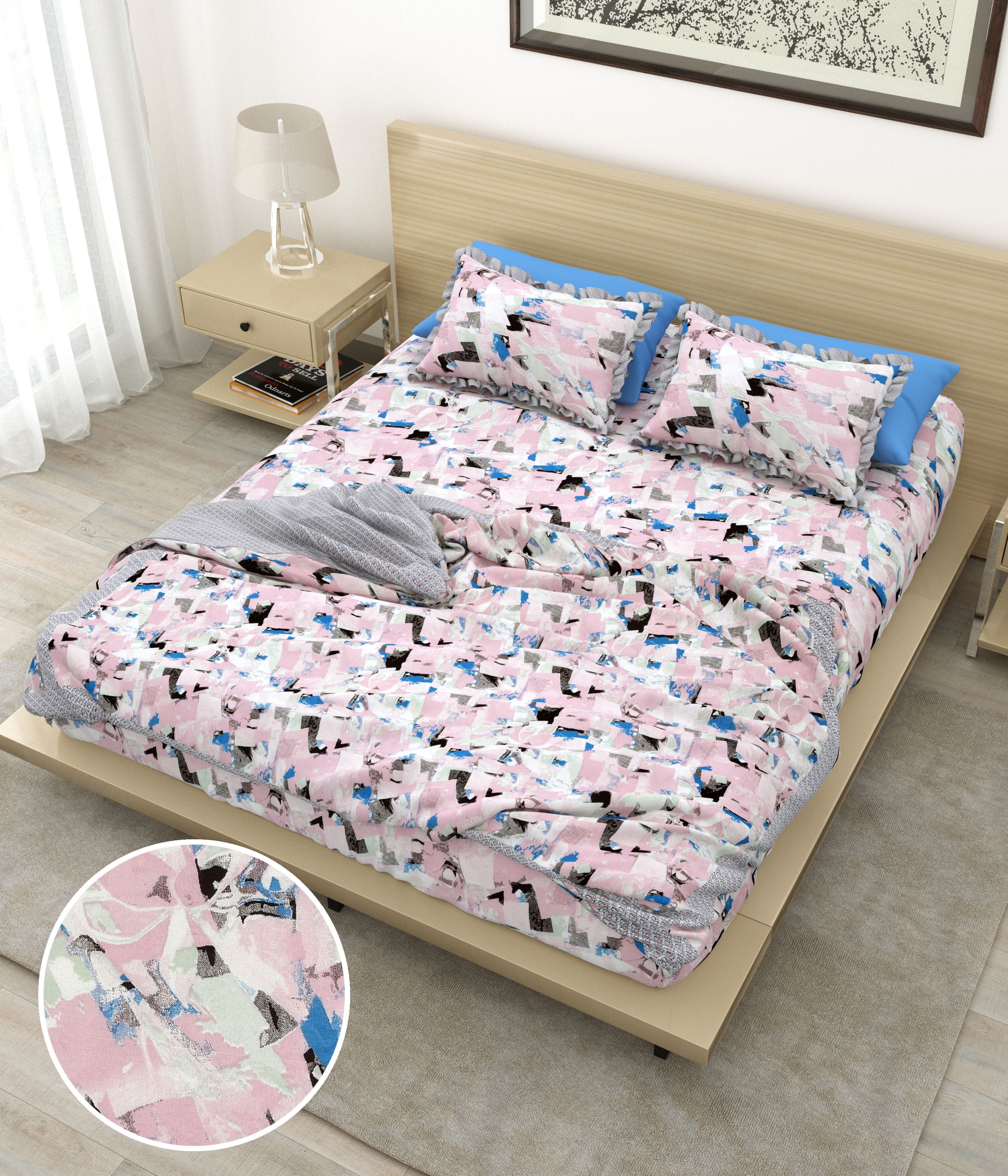 AP All-Season Cotton Dohar with Abstract Print Lightweight Blanket for Double Bed Color Multi Pink