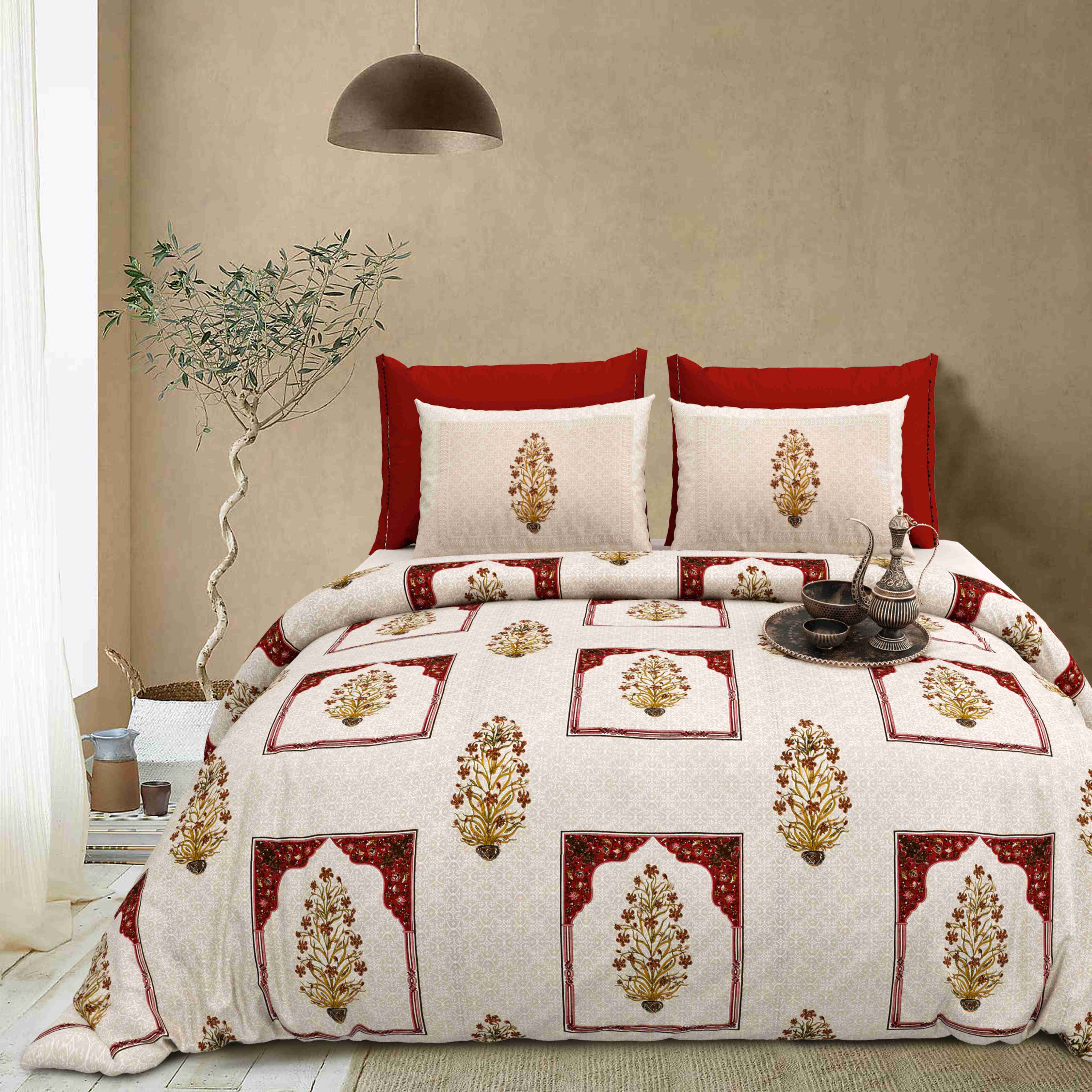 Rang Mahal 108" x 108" Cotton Bedsheet Set with 2 Pillow Covers – Mughal Arch Floral in Maroon & Gold