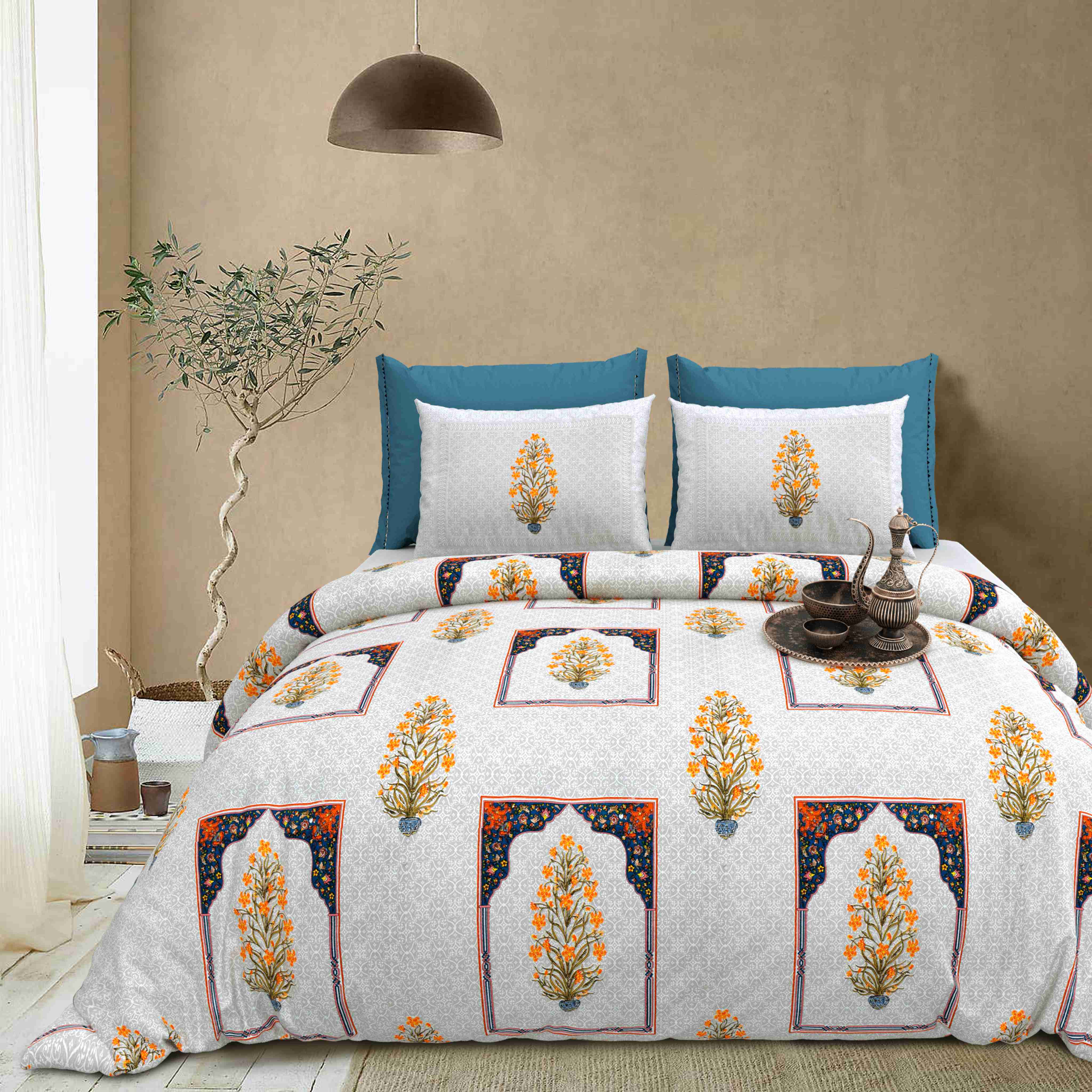 Rang Mahal 108" x 108" Cotton Bedsheet Set with 2 Pillow Covers – Mughal Arch Floral in Teal & Yellow