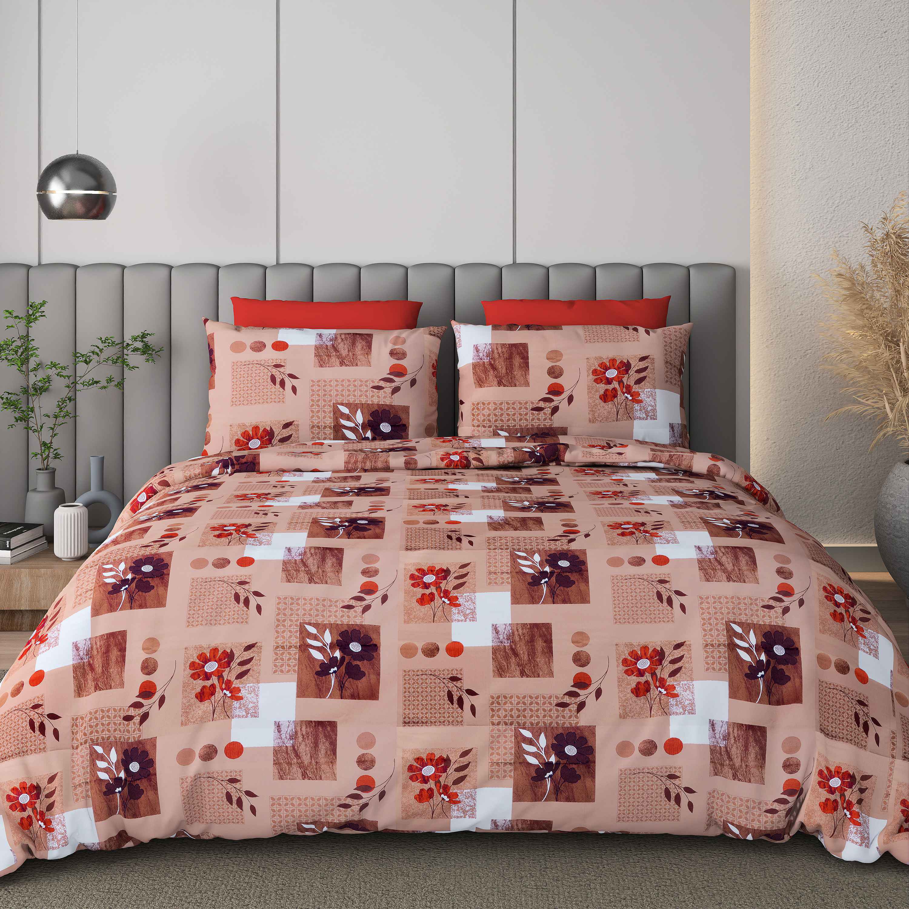 Black Jack Peach Floral Edition 108" x 108" Cotton King Size Bedsheet Set with 2 Pillow Covers