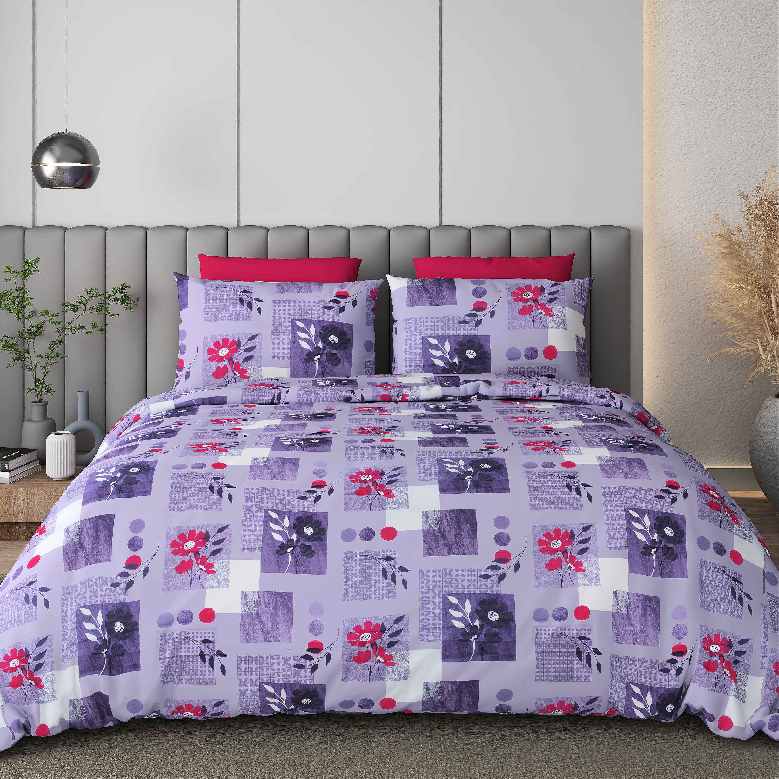 Black Jack Purple Floral Edition 108" x 108" Cotton King Size Bedsheet Set with 2 Pillow Covers