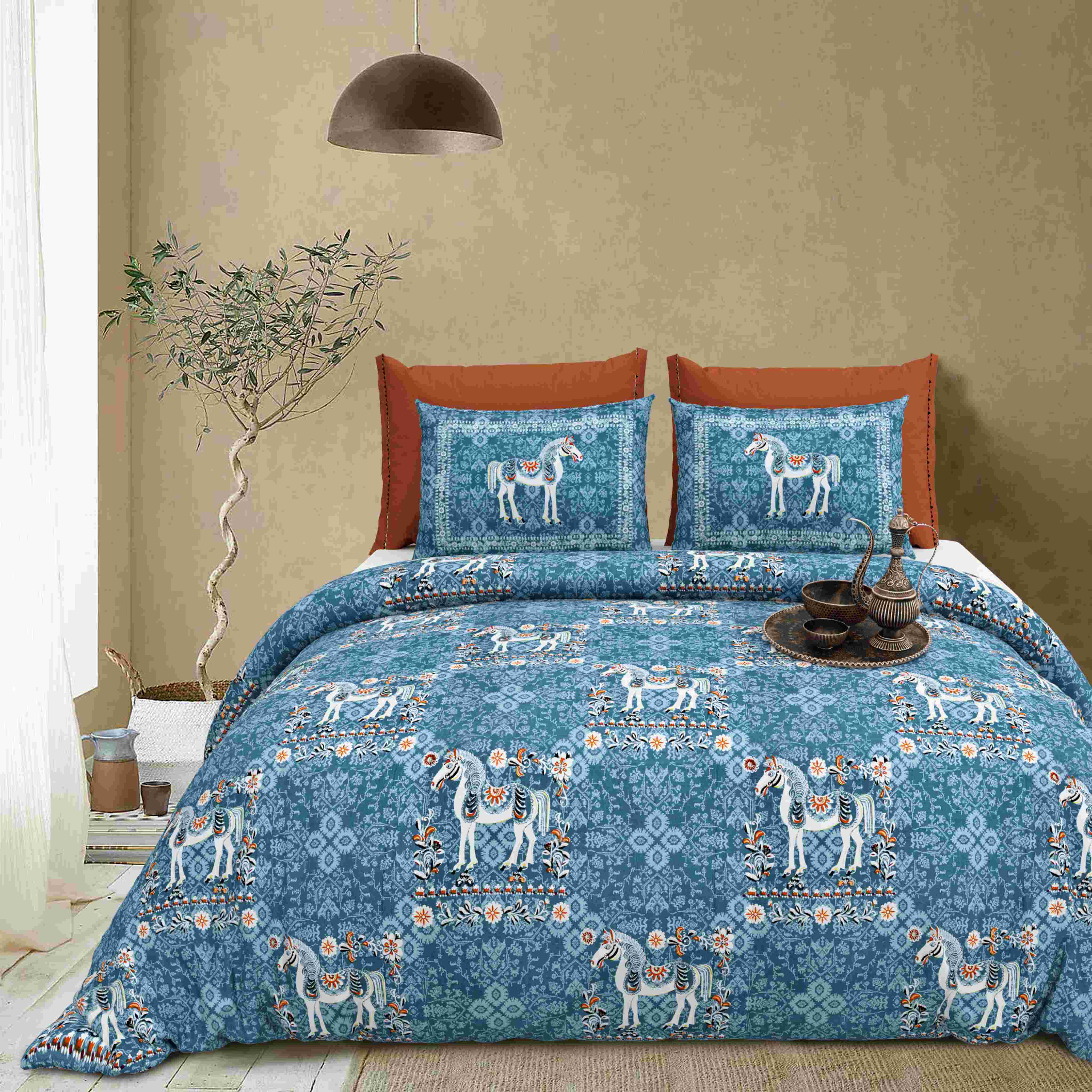 Rang Mahal 108" x 108" Cotton Bedsheet Set with 2 Pillow Covers – Royal Horse in Teal Blue