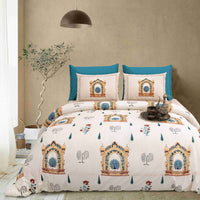 Rang Mahal 108" x 108" Cotton Bedsheet Set with 2 Pillow Covers – Royal Peacock in Teal & Gold
