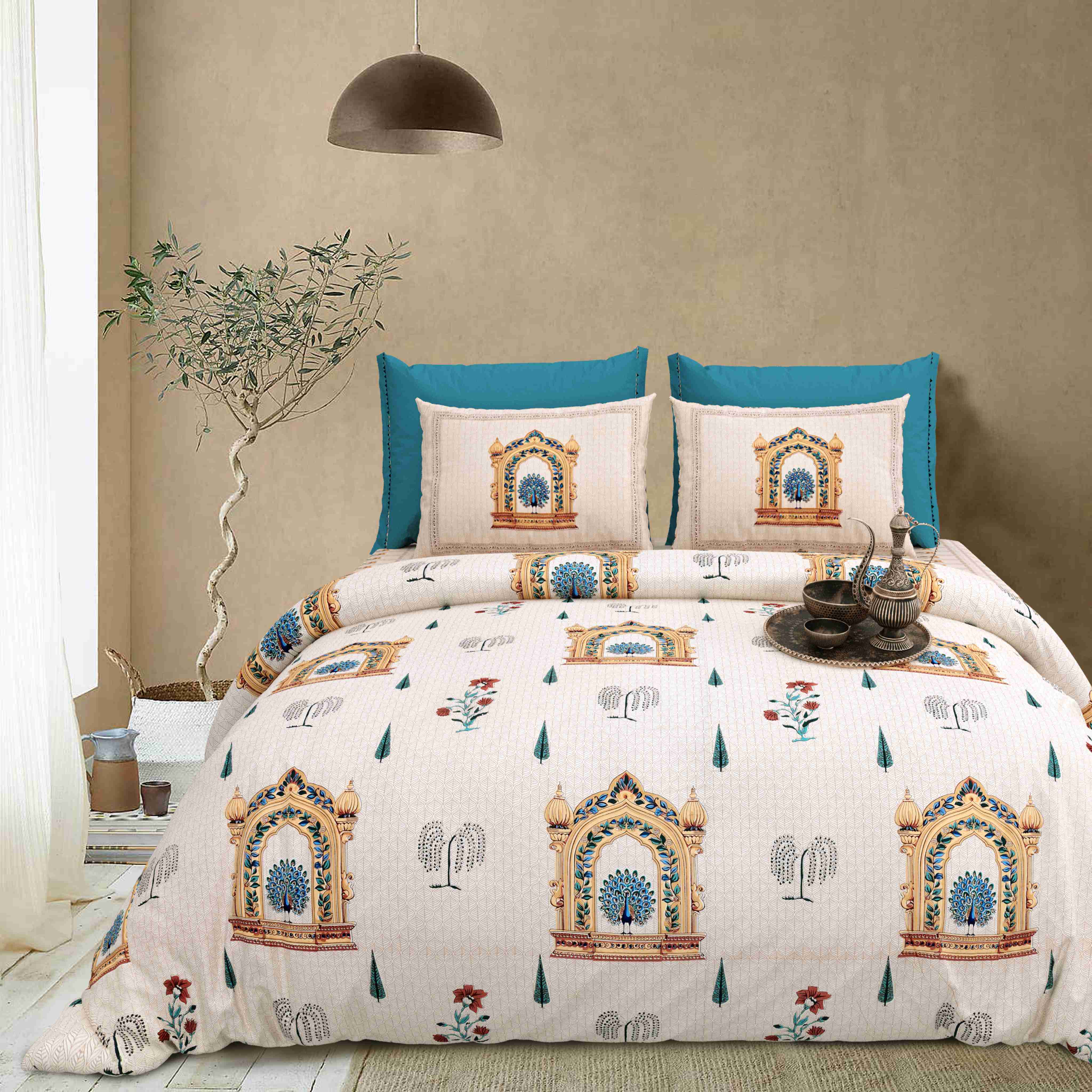 Rang Mahal 108" x 108" Cotton Bedsheet Set with 2 Pillow Covers – Royal Peacock in Teal & Gold