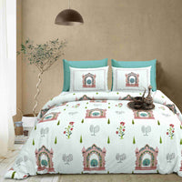 Rang Mahal 108" x 108" Cotton Bedsheet Set with 2 Pillow Covers – Royal Peacock in Rust & Cream