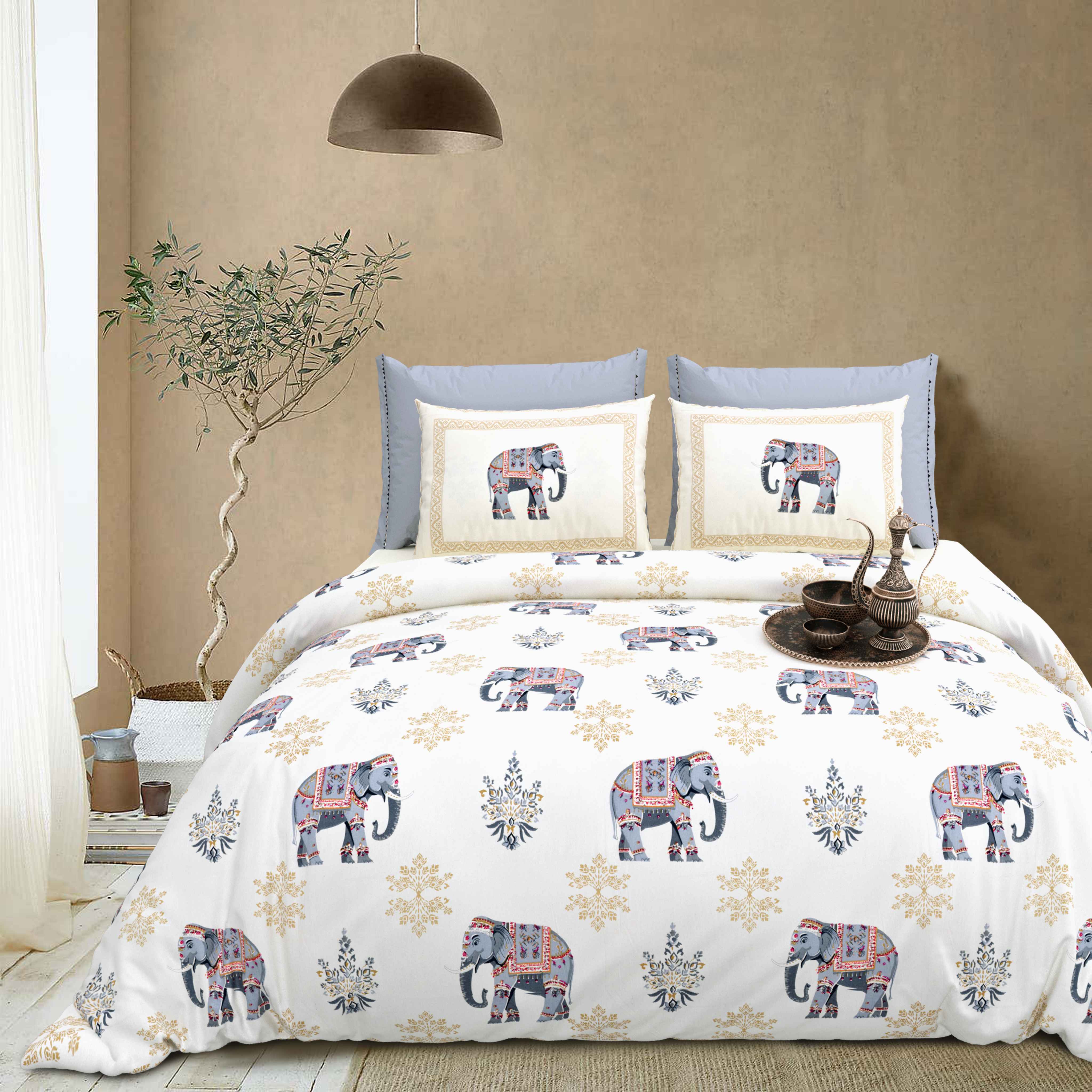 Rang Mahal 108" x 108" Cotton Bedsheet Set with 2 Pillow Covers – Royal Elephant in White & Grey