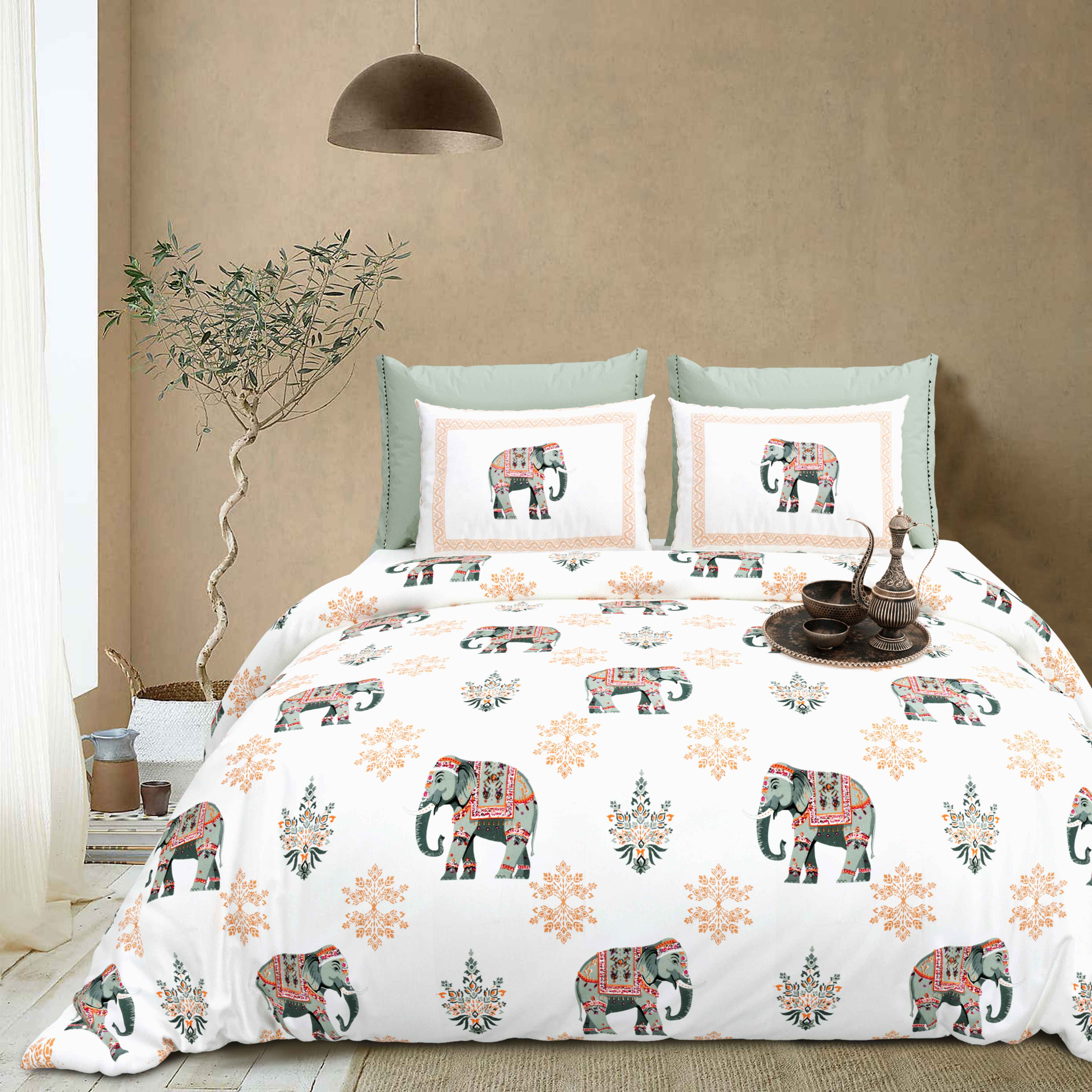 Rang Mahal 108" x 108" Cotton Bedsheet Set with 2 Pillow Covers – Royal Elephant in Grey & Rust