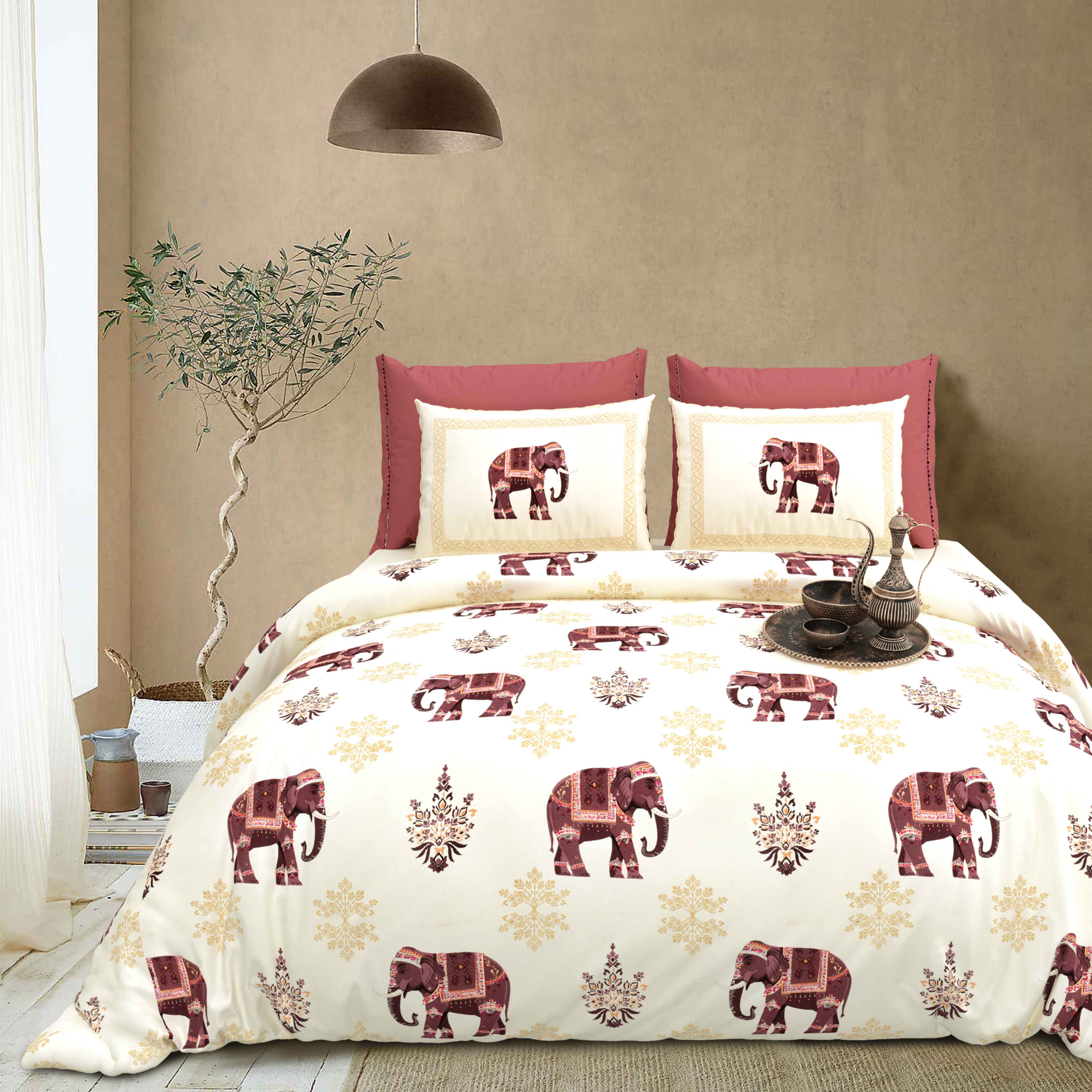 Rang Mahal 108" x 108" Cotton Bedsheet Set with 2 Pillow Covers – Royal Elephant in Cream & Maroon