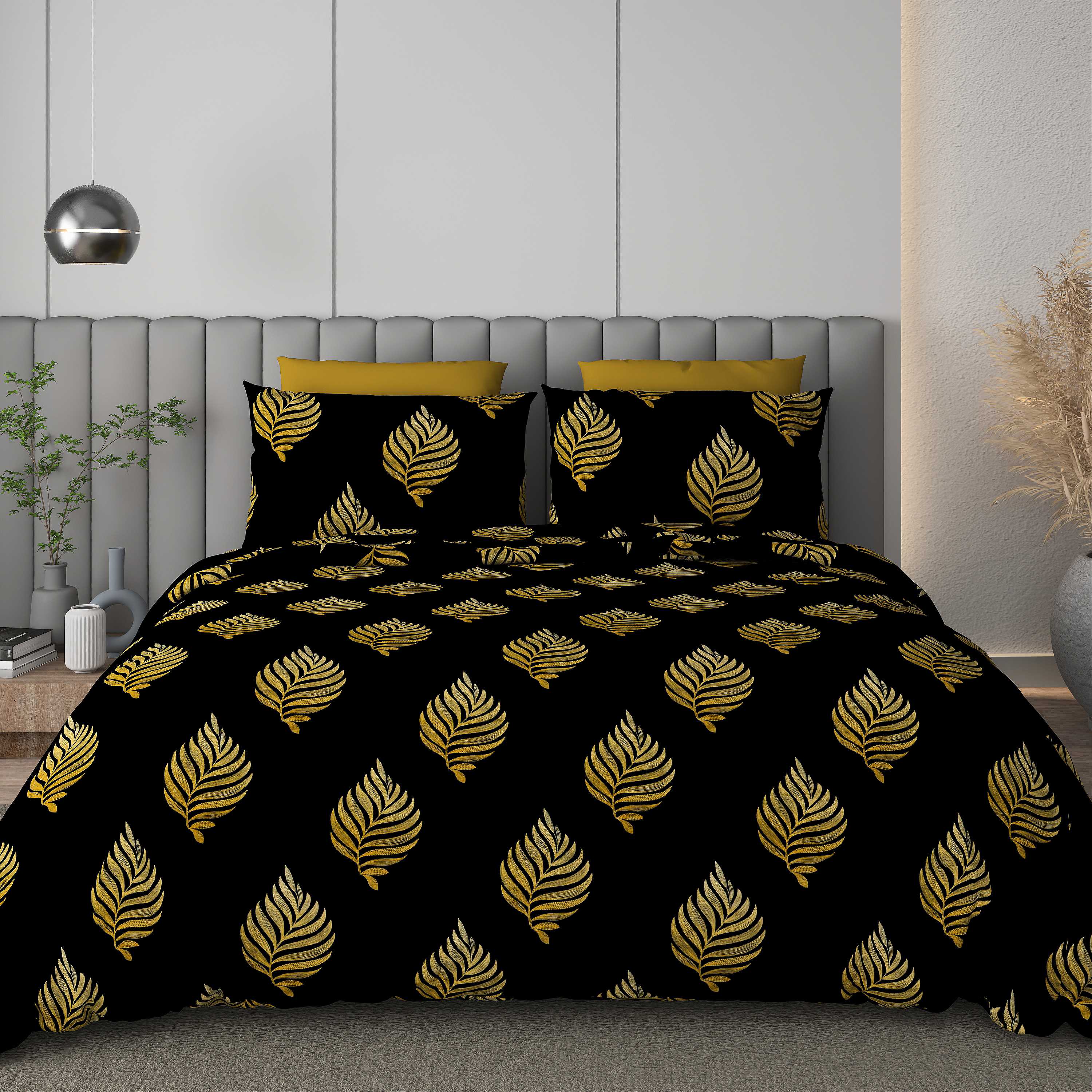 Black Jack Black Gold Leaf Edition 108" x 108" Cotton King Size Bedsheet Set with 2 Pillow Covers