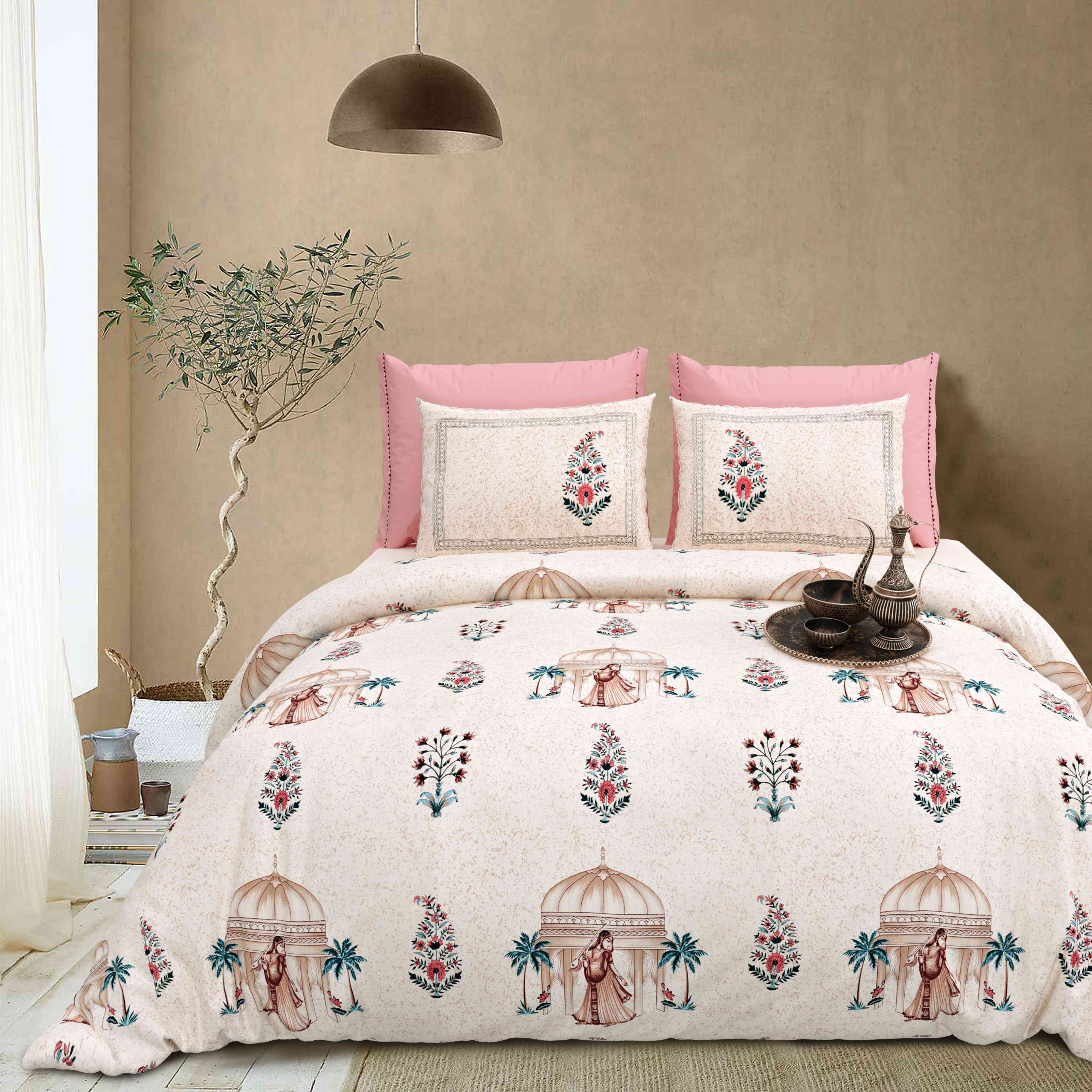 Rang Mahal 108" x 108" Cotton Bedsheet Set with 2 Pillow Covers – Royal Pavilion in Cream & Pink