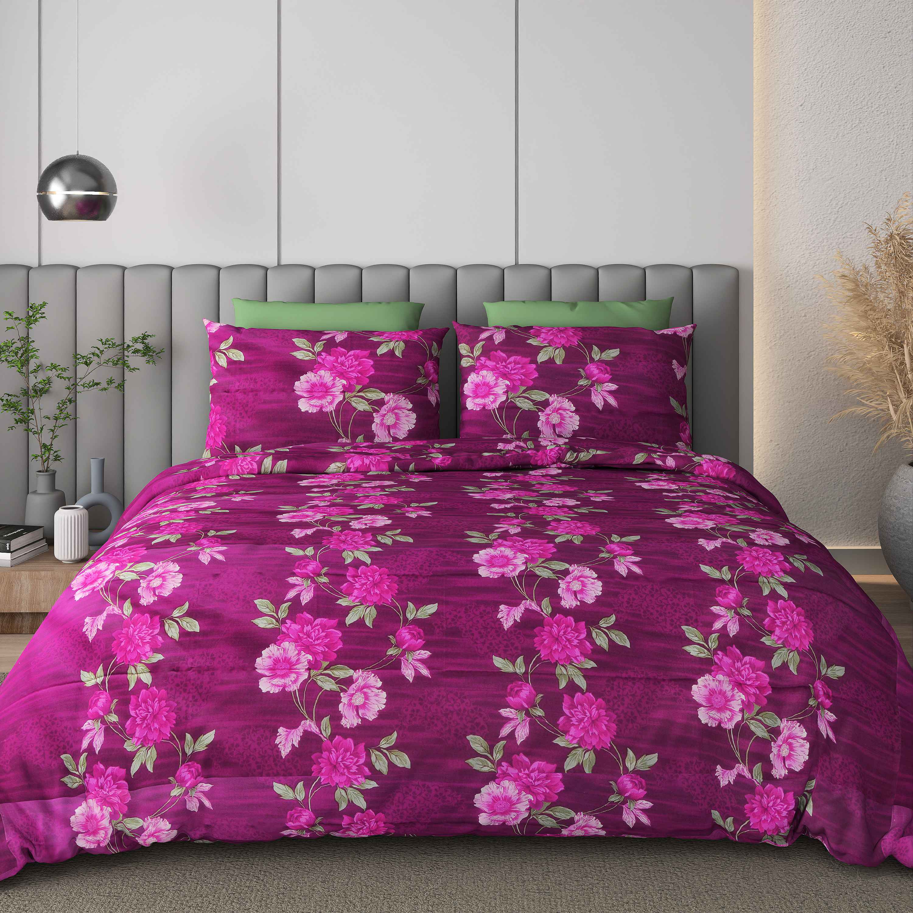 Black Jack Purple & Pink Floral Edition 108" x 108" Cotton King Size Bedsheet Set with 2 Pillow Covers