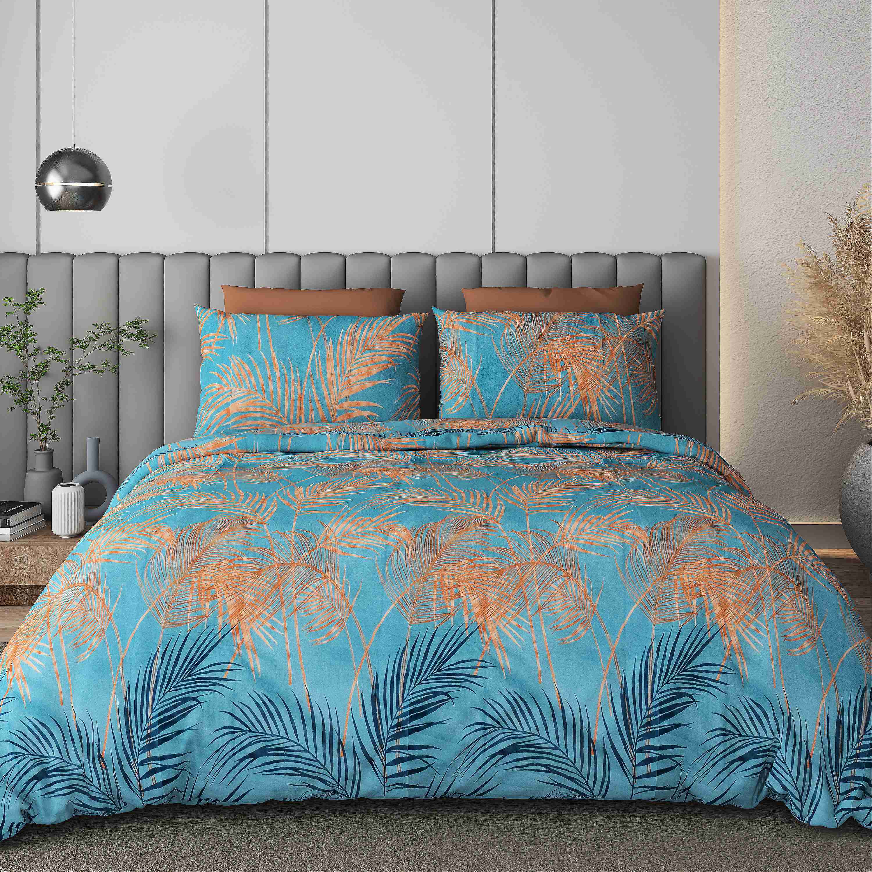Black Jack Blue Tropical Palm Edition 108" x 108" Cotton King Size Bedsheet Set with 2 Pillow Covers