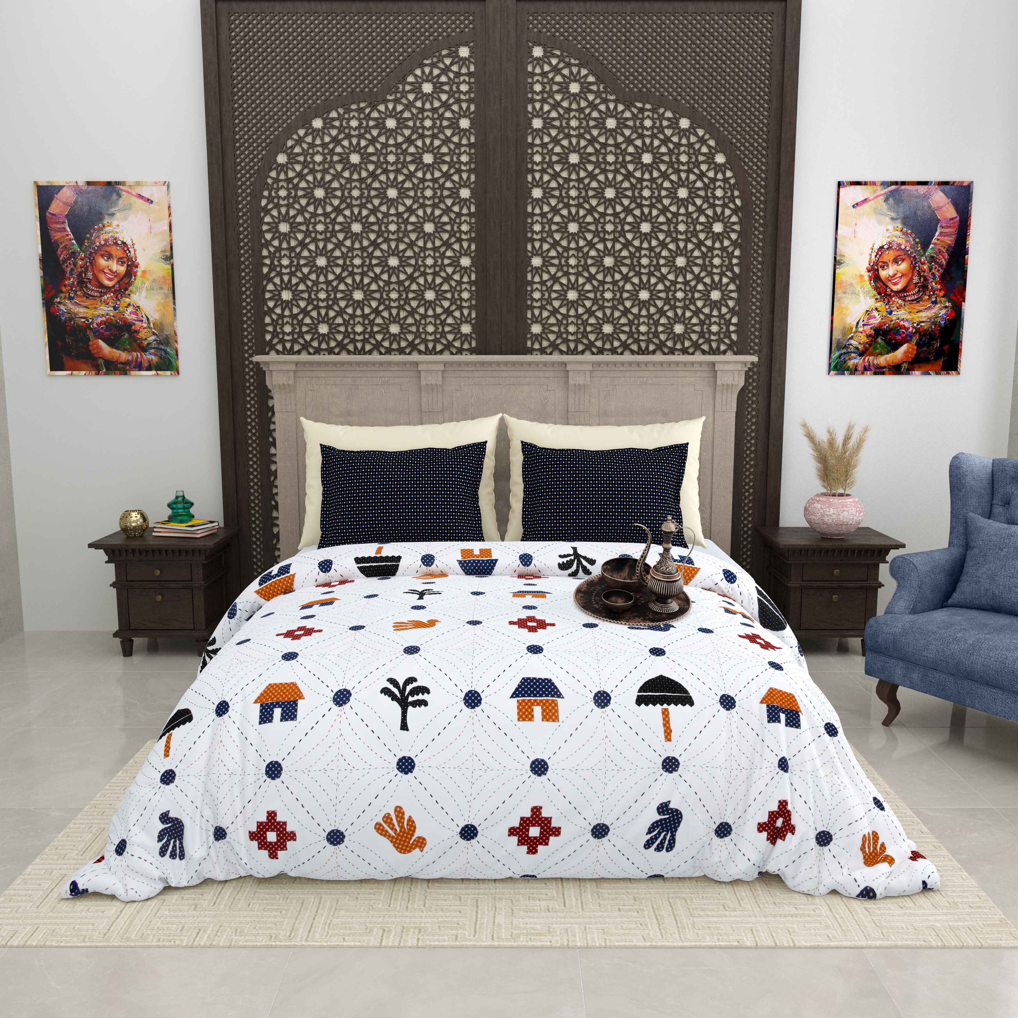 Gujri 90" x 108" Cotton Bedsheet Set with 2 Pillow Covers – Tribal Hut & Tree Print