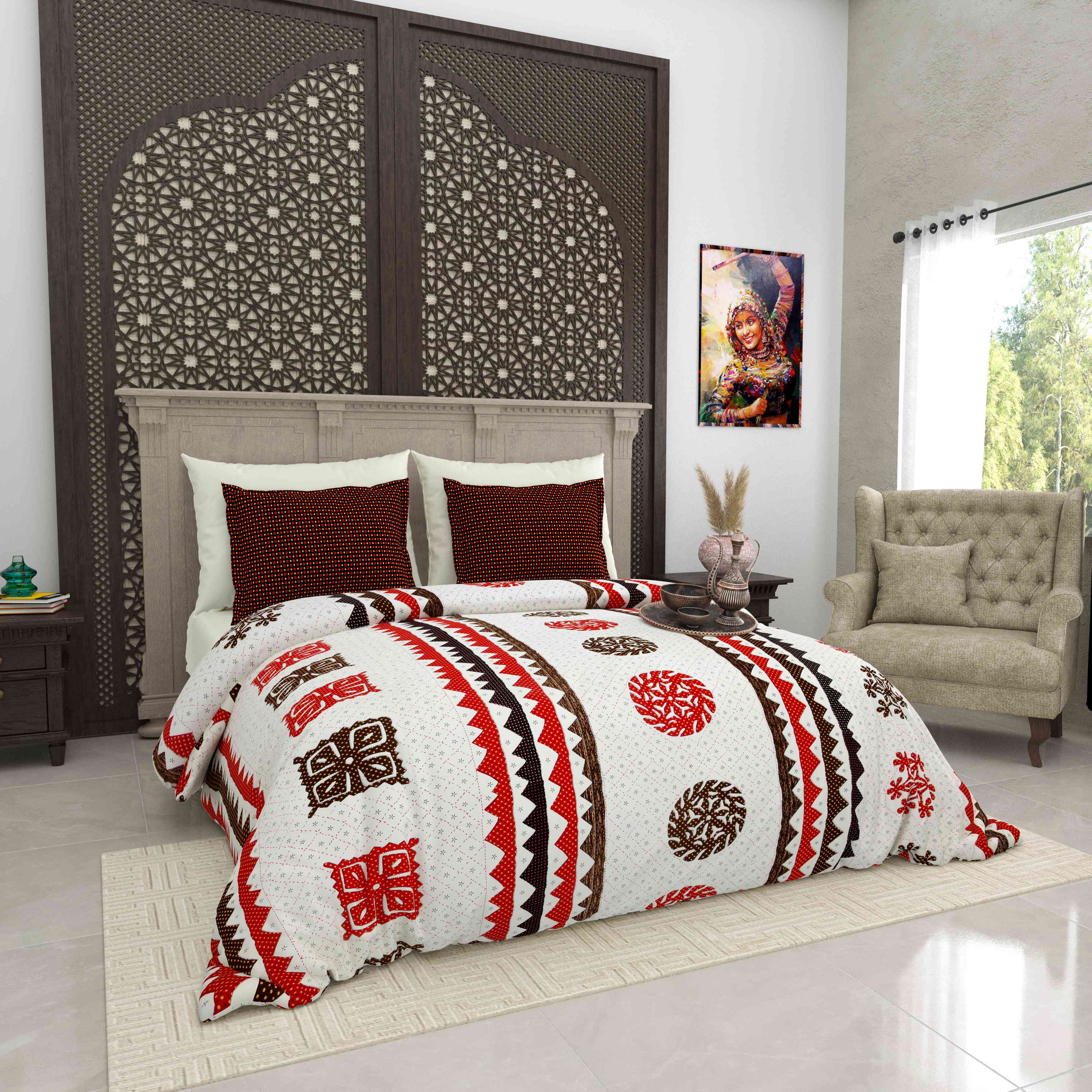 Gujri 90" x 108" Cotton Bedsheet Set with 2 Pillow Covers – Red & Brown Geometric Tribal
