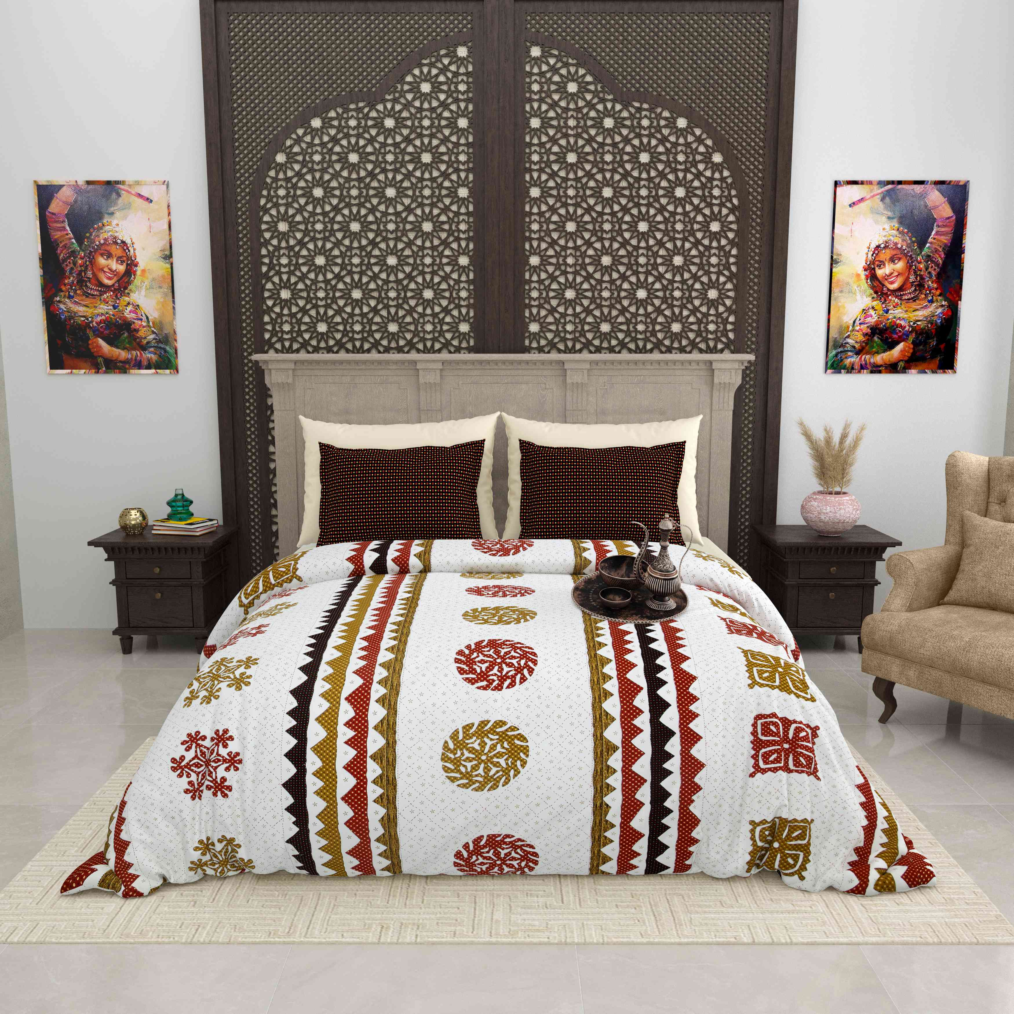 Gujri 90" x 108" Cotton Bedsheet Set with 2 Pillow Covers – Mustard & Red Tribal Art