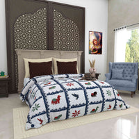 Gujri 90" x 108" Cotton Bedsheet Set with 2 Pillow Covers – Navy Patchwork & Folk Animals