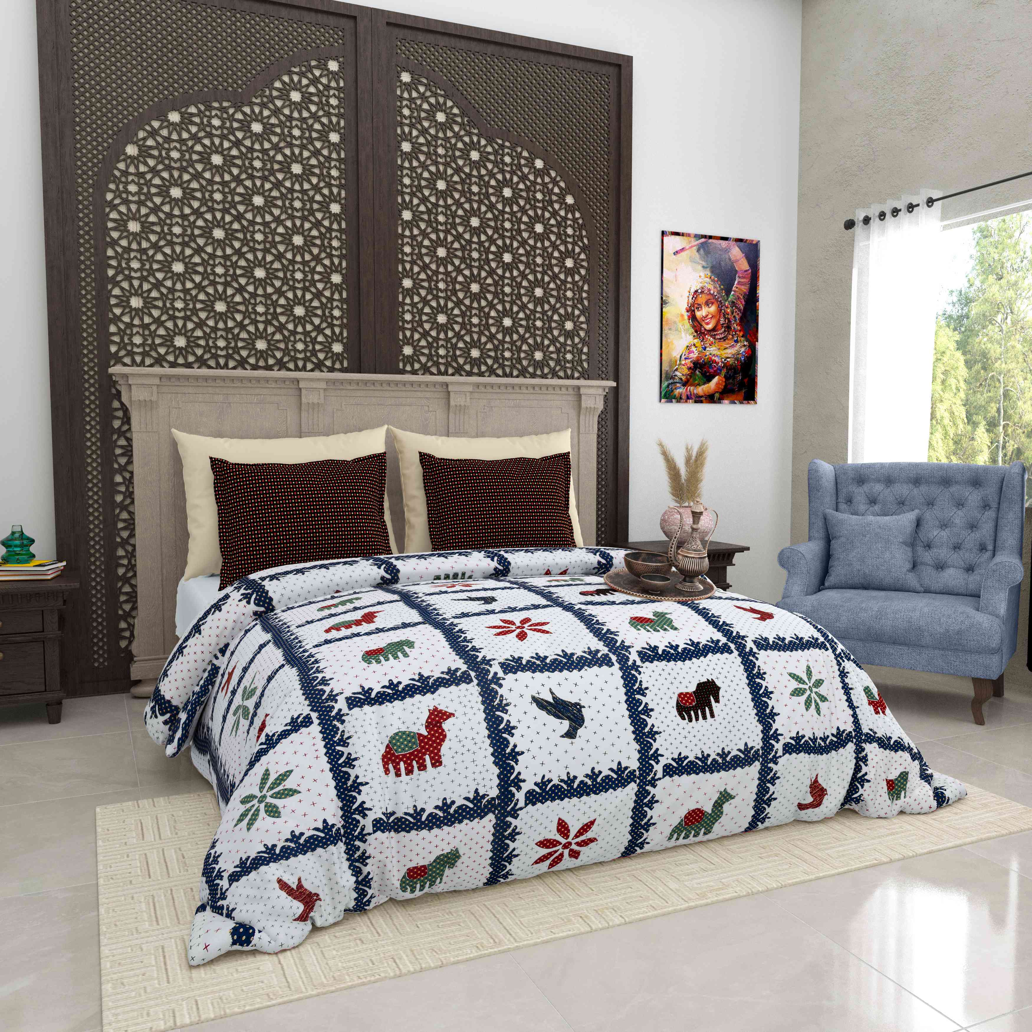 Gujri 90" x 108" Cotton Bedsheet Set with 2 Pillow Covers – Navy Patchwork & Folk Animals