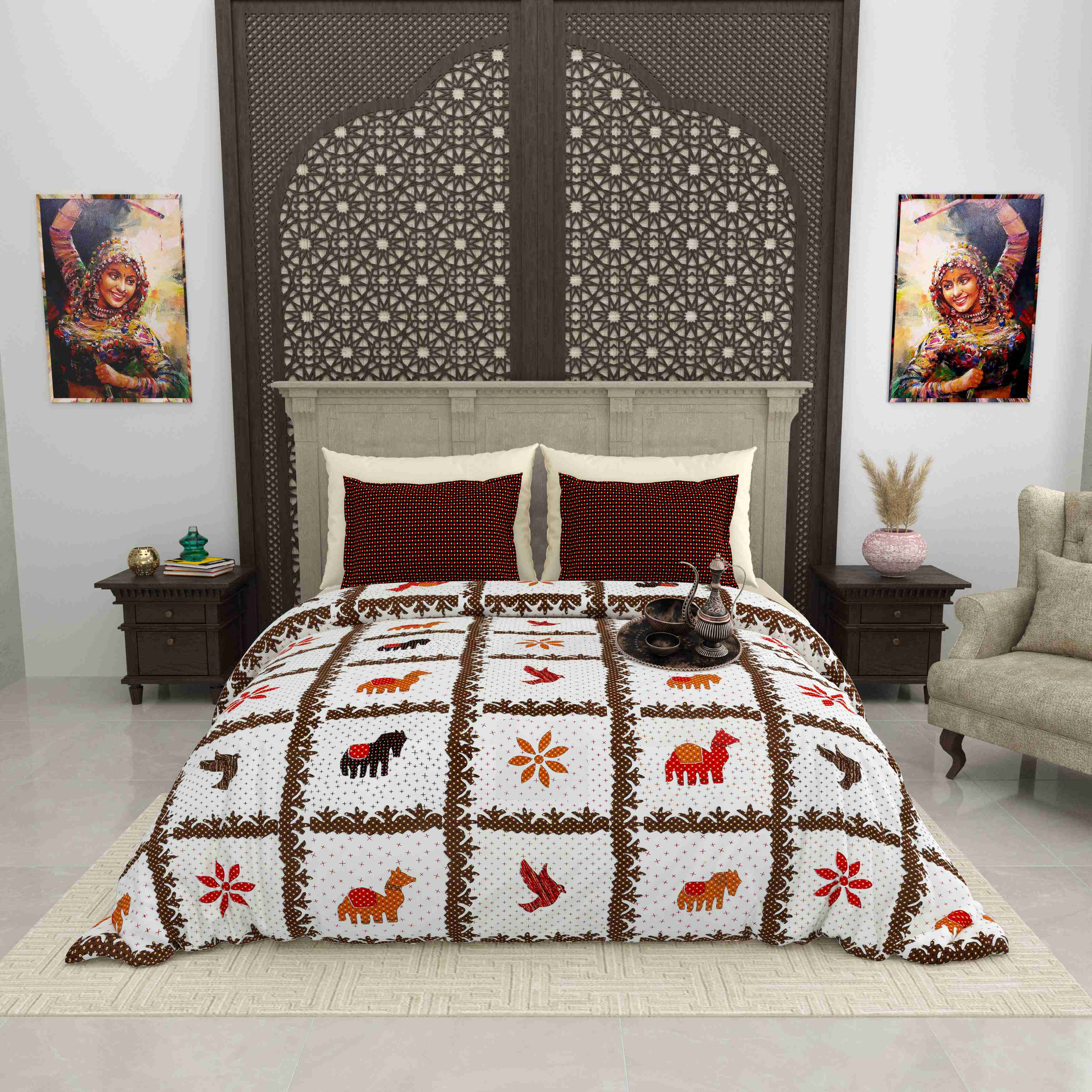 Gujri 90" x 108" Cotton Bedsheet Set with 2 Pillow Covers – Earthy Brown Patchwork