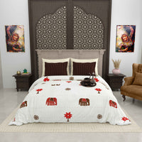 Gujri 90" x 108" Cotton Bedsheet Set with 2 Pillow Covers – Red & Brown Elephant Folk Print