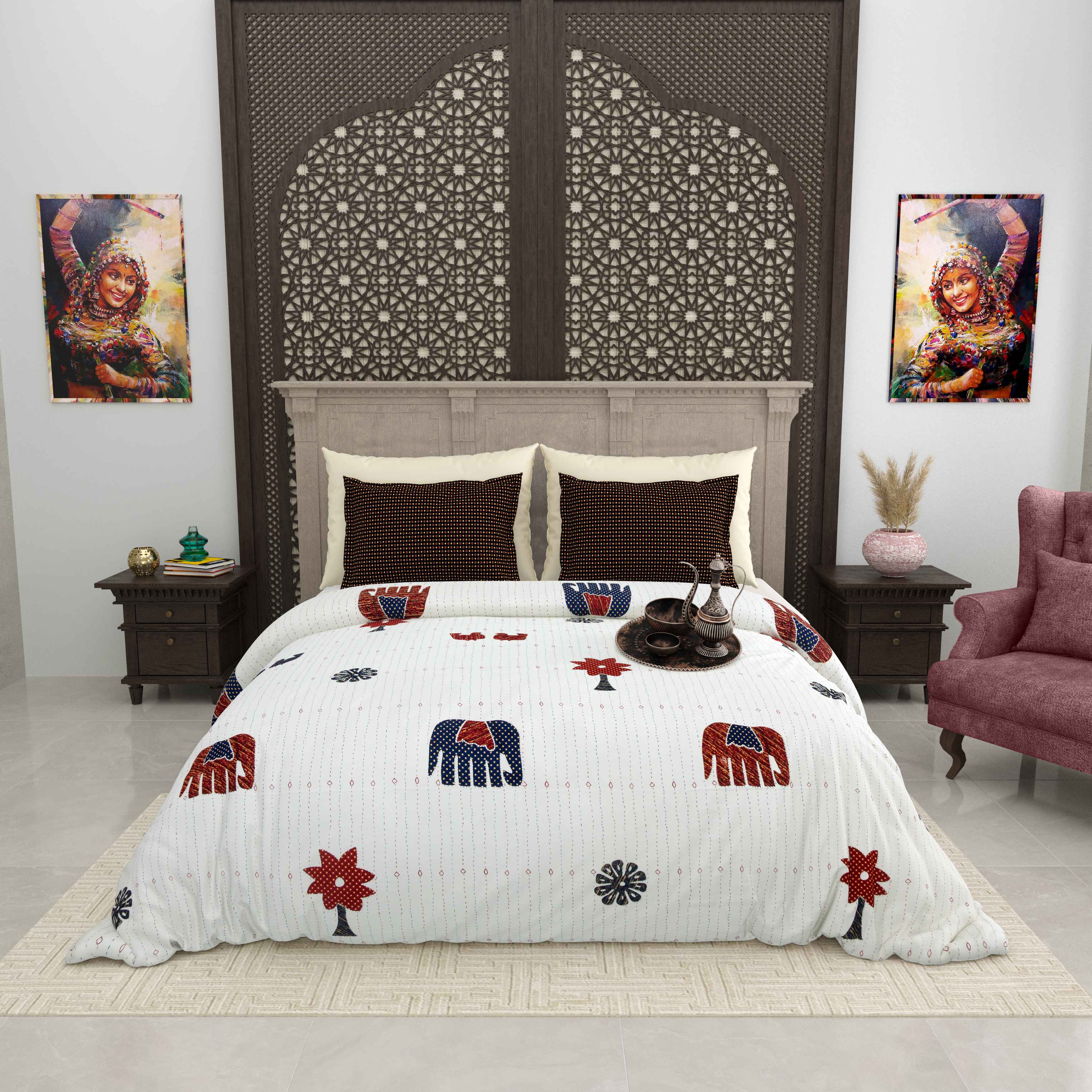 Gujri 90" x 108" Cotton Bedsheet Set with 2 Pillow Covers – Navy Blue Elephant Parade