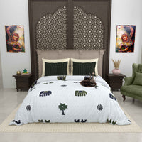 Gujri 90" x 108" Cotton Bedsheet Set with 2 Pillow Covers – Green & Blue Elephant Folk Print