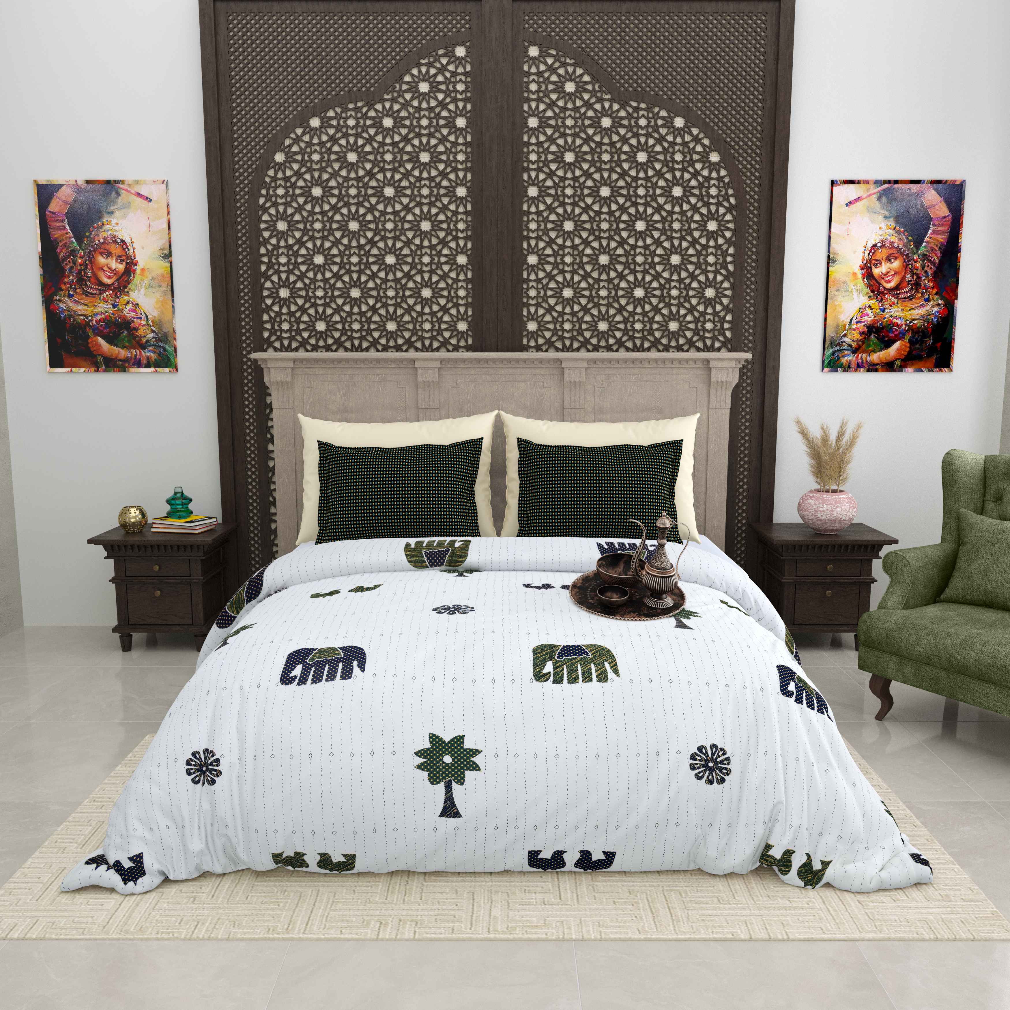 Gujri 90" x 108" Cotton Bedsheet Set with 2 Pillow Covers – Green & Blue Elephant Folk Print