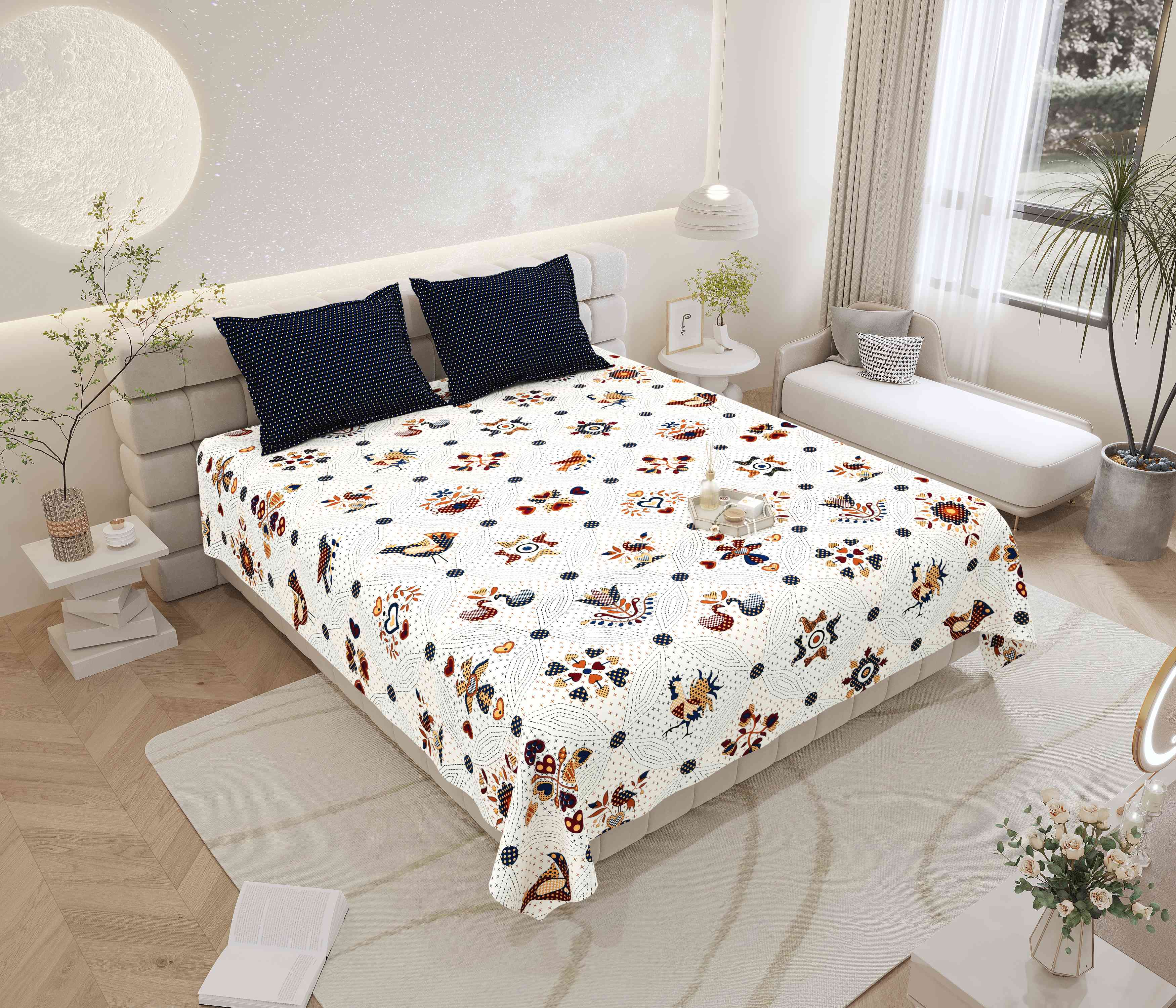 Gujri 90" x 108" Cotton Bedsheet Set with 2 Pillow Covers – Navy & Rust Folk Scatter Print