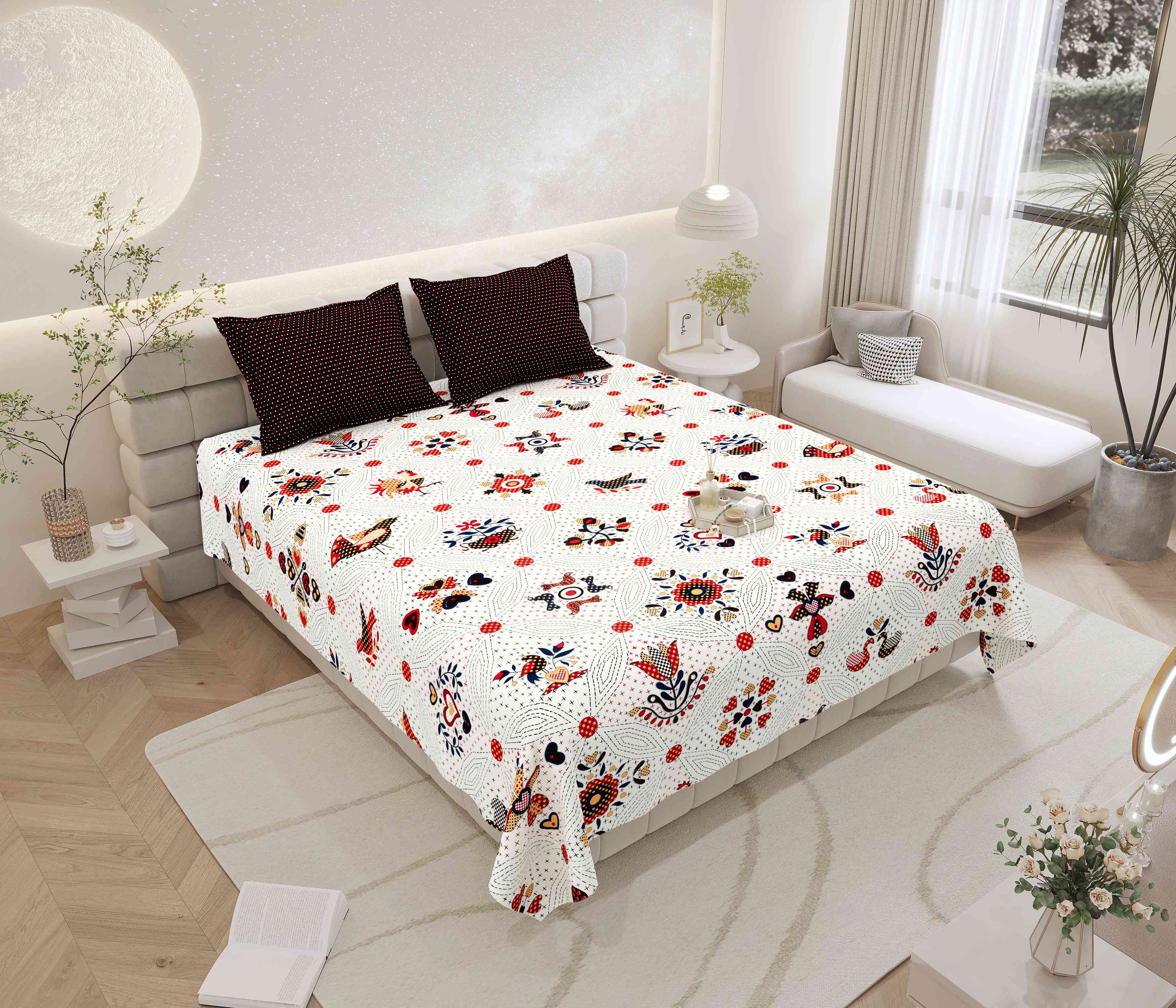 Gujri 90" x 108" Cotton Bedsheet Set with 2 Pillow Covers – Red & Mustard Folk Scatter