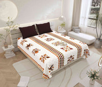 Gujri 90" x 108" Cotton Bedsheet Set with 2 Pillow Covers – Mustard & Brown Diagonal Floral