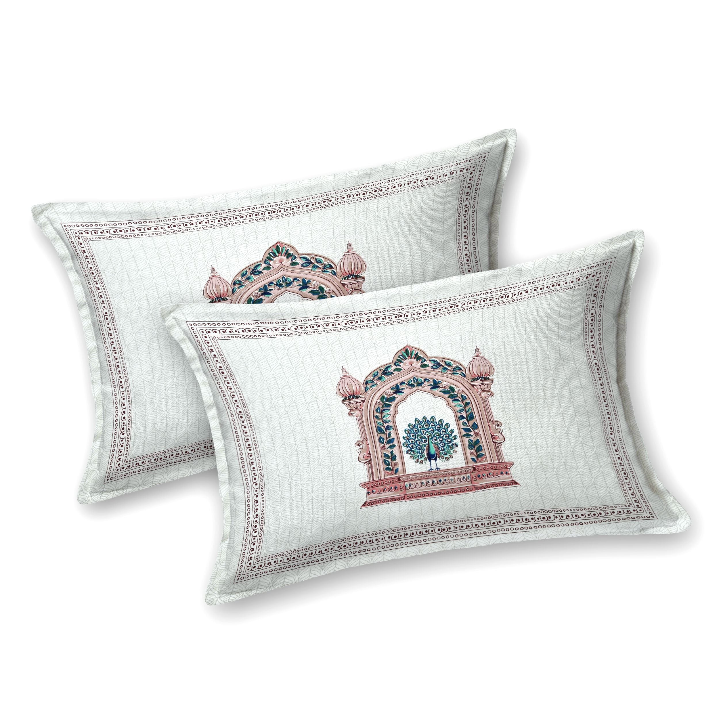 Rang Mahal 108" x 108" Cotton Bedsheet Set with 2 Pillow Covers – Royal Peacock in Rust & Cream