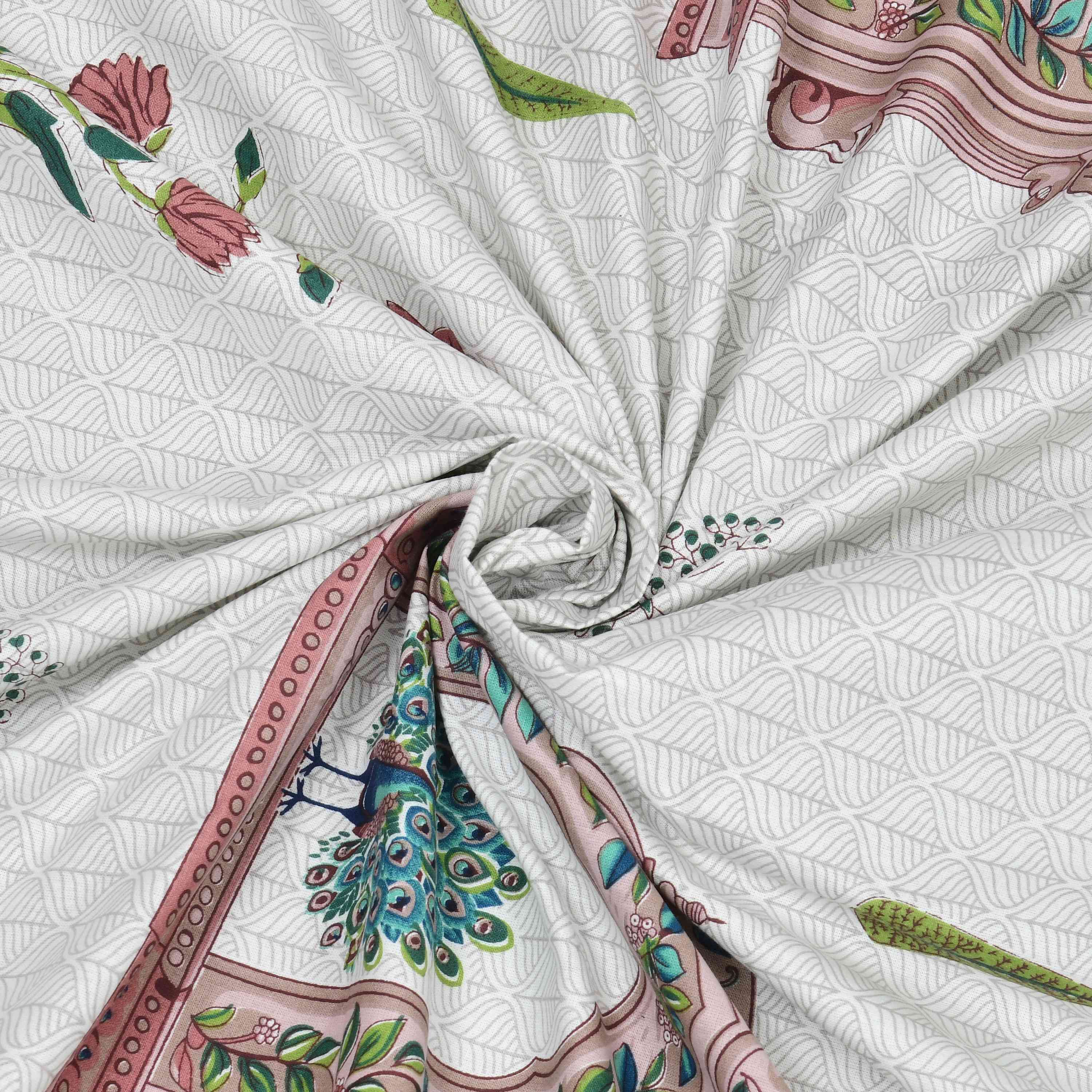 Rang Mahal 108" x 108" Cotton Bedsheet Set with 2 Pillow Covers – Royal Peacock in Rust & Cream