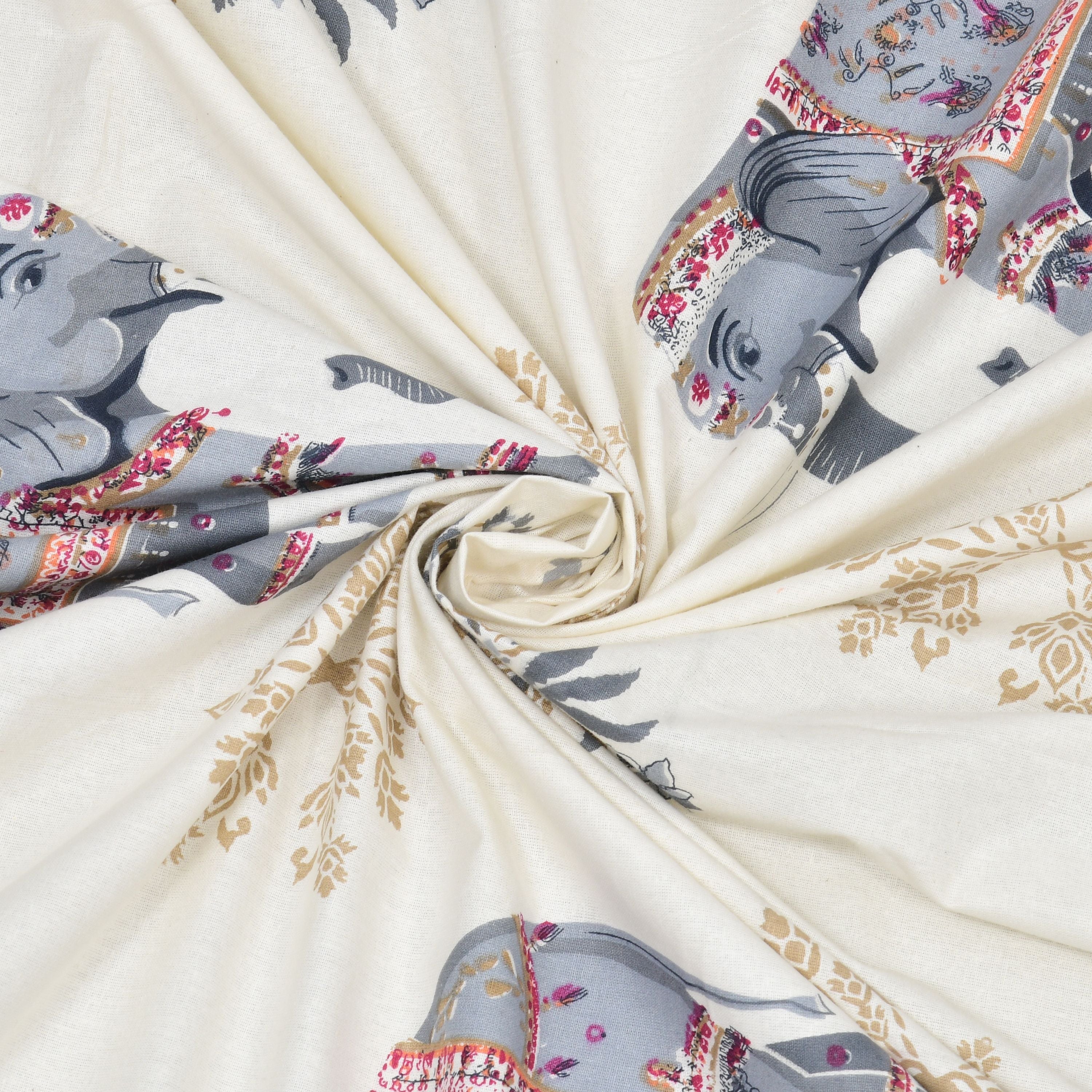 Rangmahal Blue & Ivory Elephant Print King Size Bedsheet Set with 2 Pillow Covers Size (108×108)