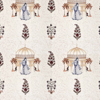 Rang Mahal 108" x 108" Cotton Bedsheet Set with 2 Pillow Covers – Royal Pavilion & Lady in Cream & Gold