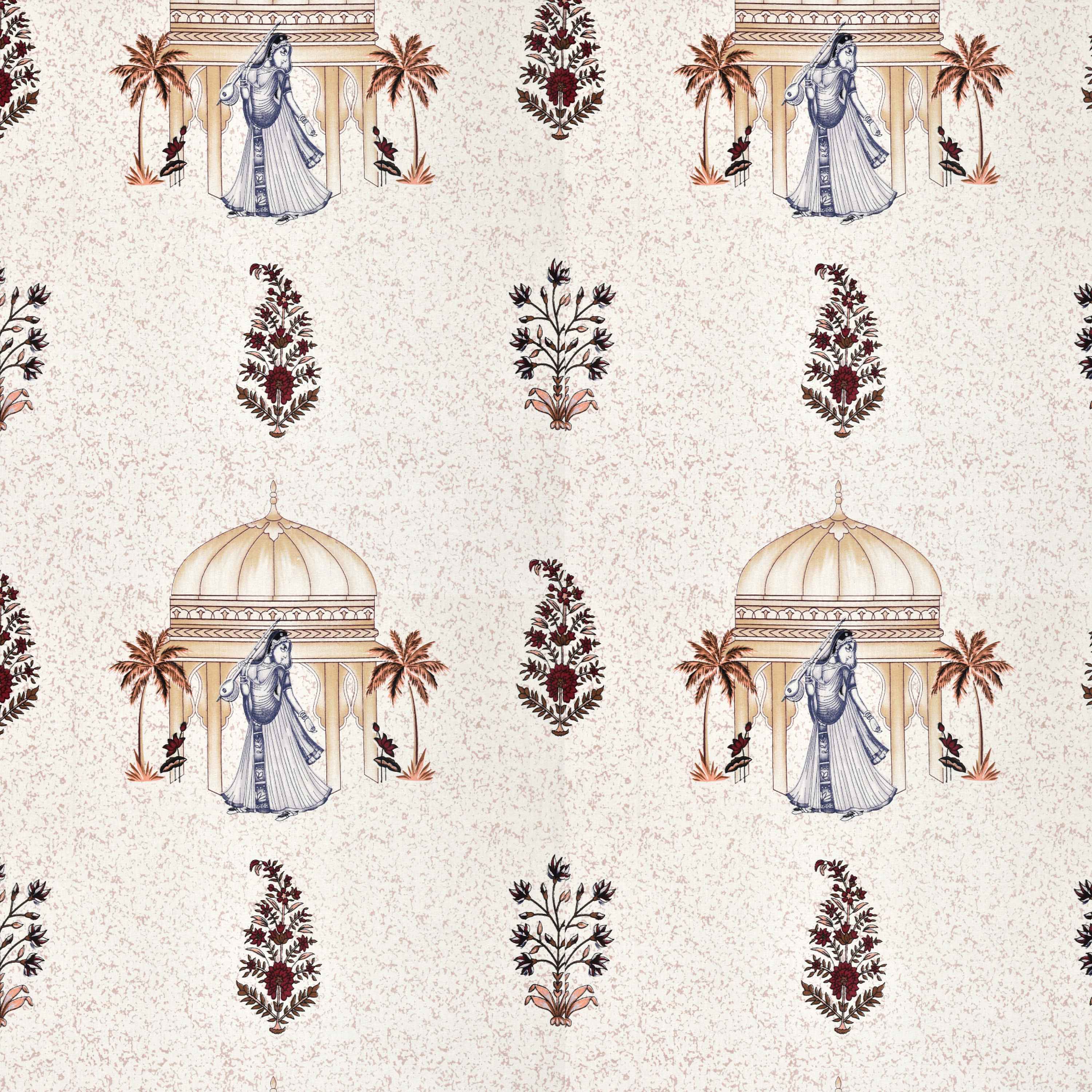 Rang Mahal 108" x 108" Cotton Bedsheet Set with 2 Pillow Covers – Royal Pavilion & Lady in Cream & Gold