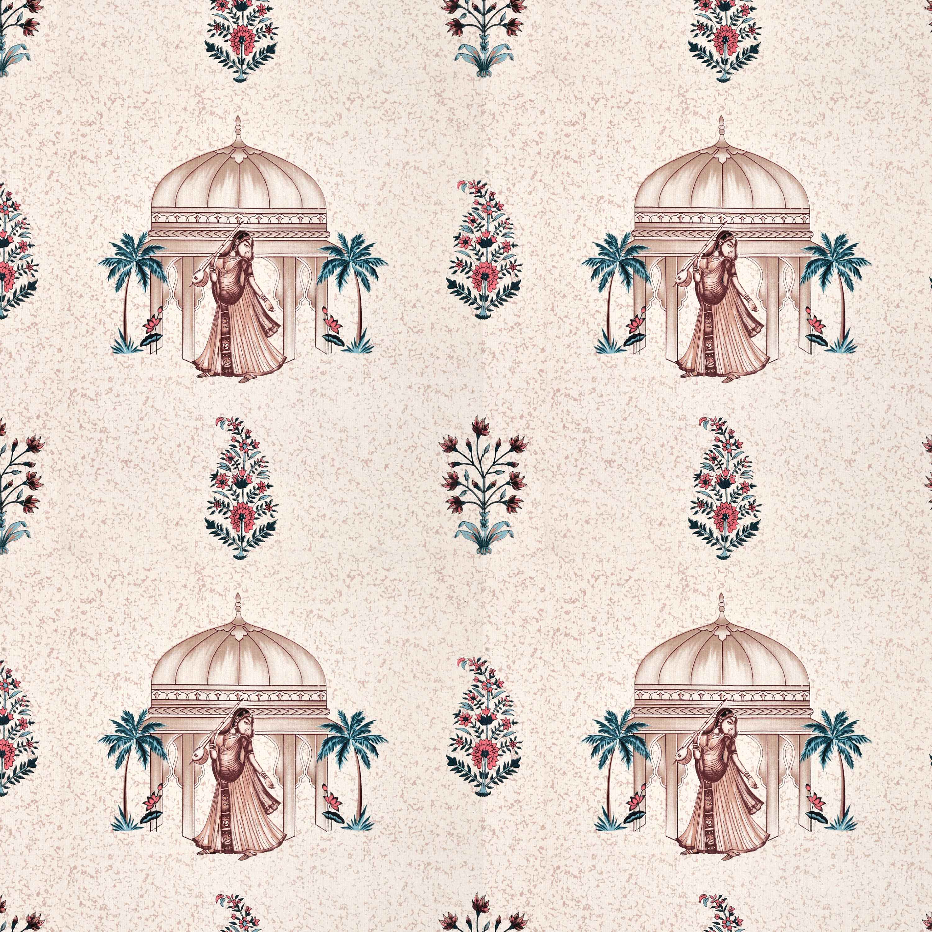 Rang Mahal 108" x 108" Cotton Bedsheet Set with 2 Pillow Covers – Royal Pavilion in Cream & Pink