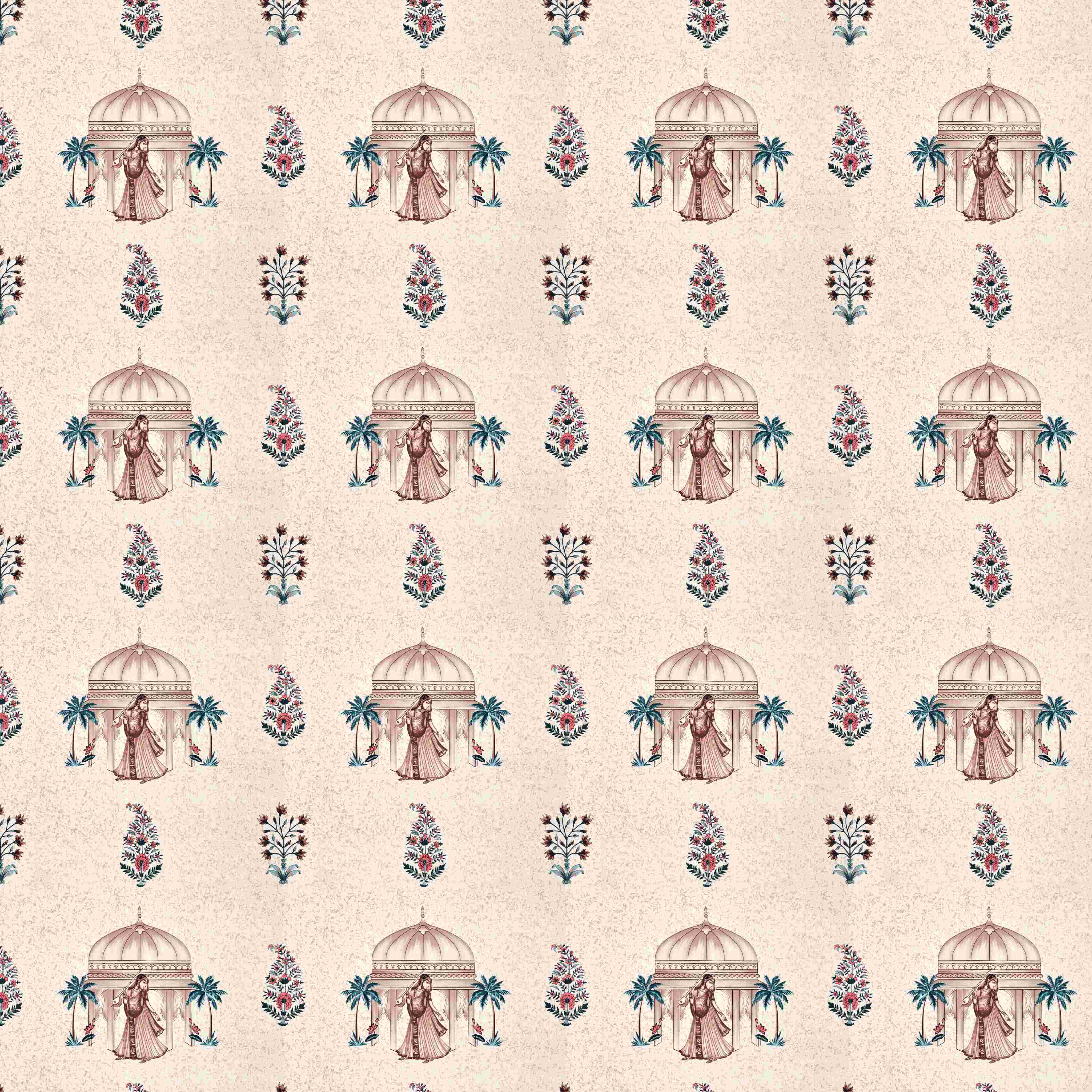 Rang Mahal 108" x 108" Cotton Bedsheet Set with 2 Pillow Covers – Royal Pavilion in Cream & Pink