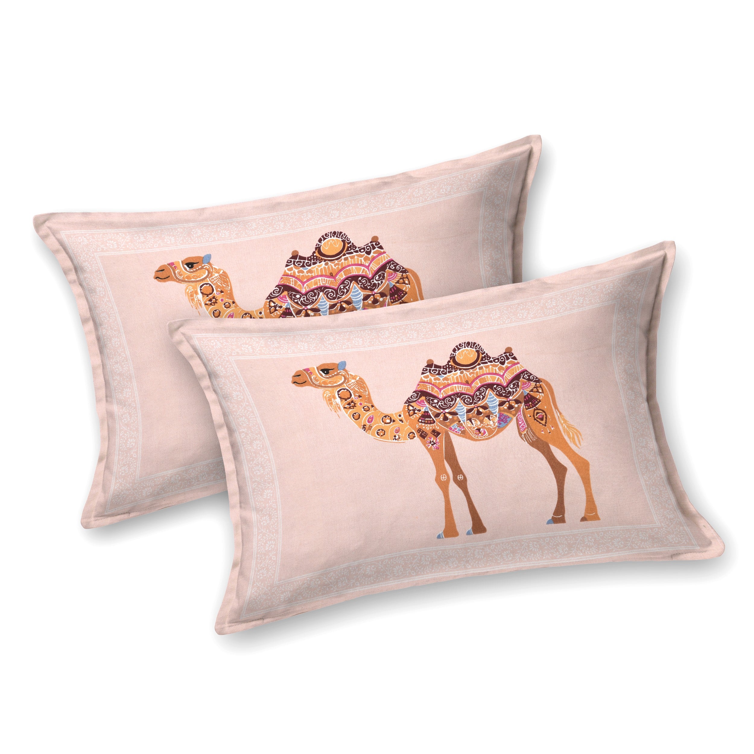 Rang Mahal 108" x 108" Cotton Bedsheet Set with 2 Pillow Covers – Royal Camel in Pink