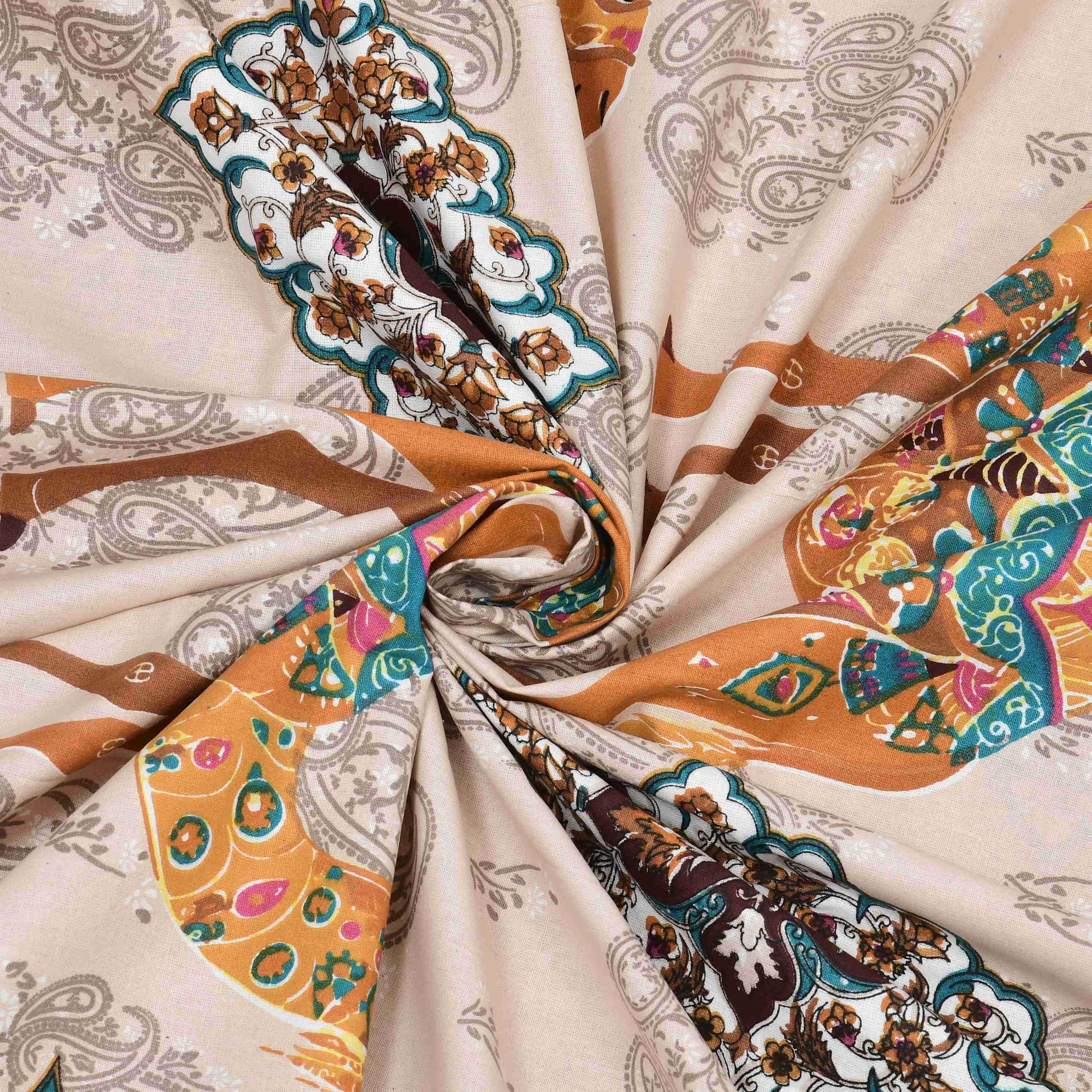 Rang Mahal 108" x 108" Cotton Bedsheet Set with 2 Pillow Covers – Royal Camel in Beige