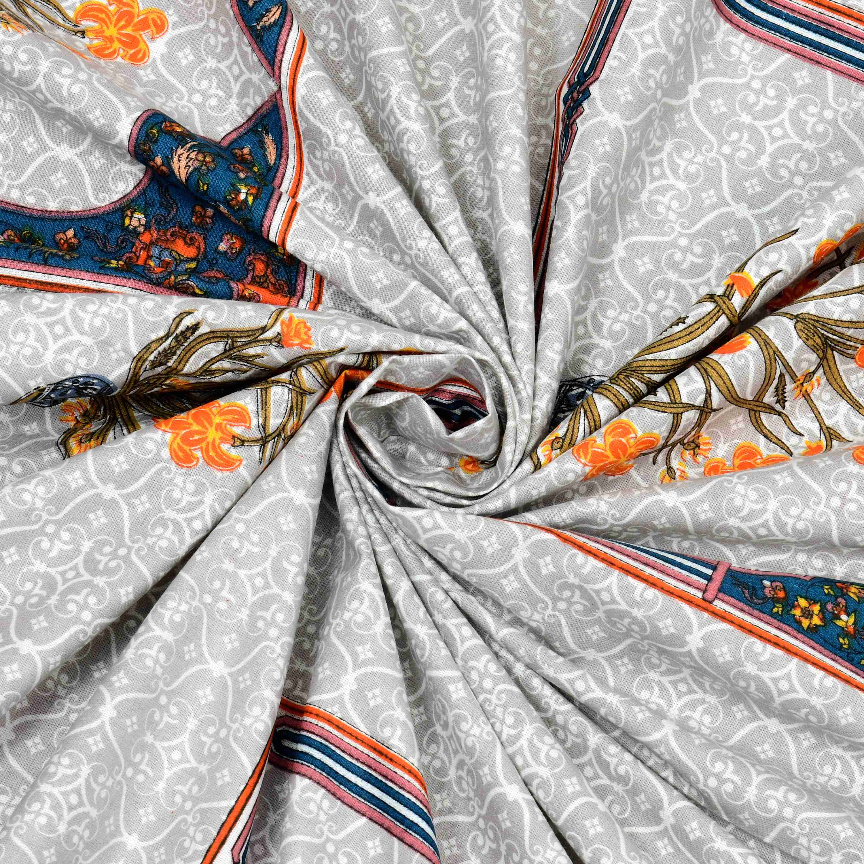 Rang Mahal 108" x 108" Cotton Bedsheet Set with 2 Pillow Covers – Mughal Arch Floral in Teal & Yellow