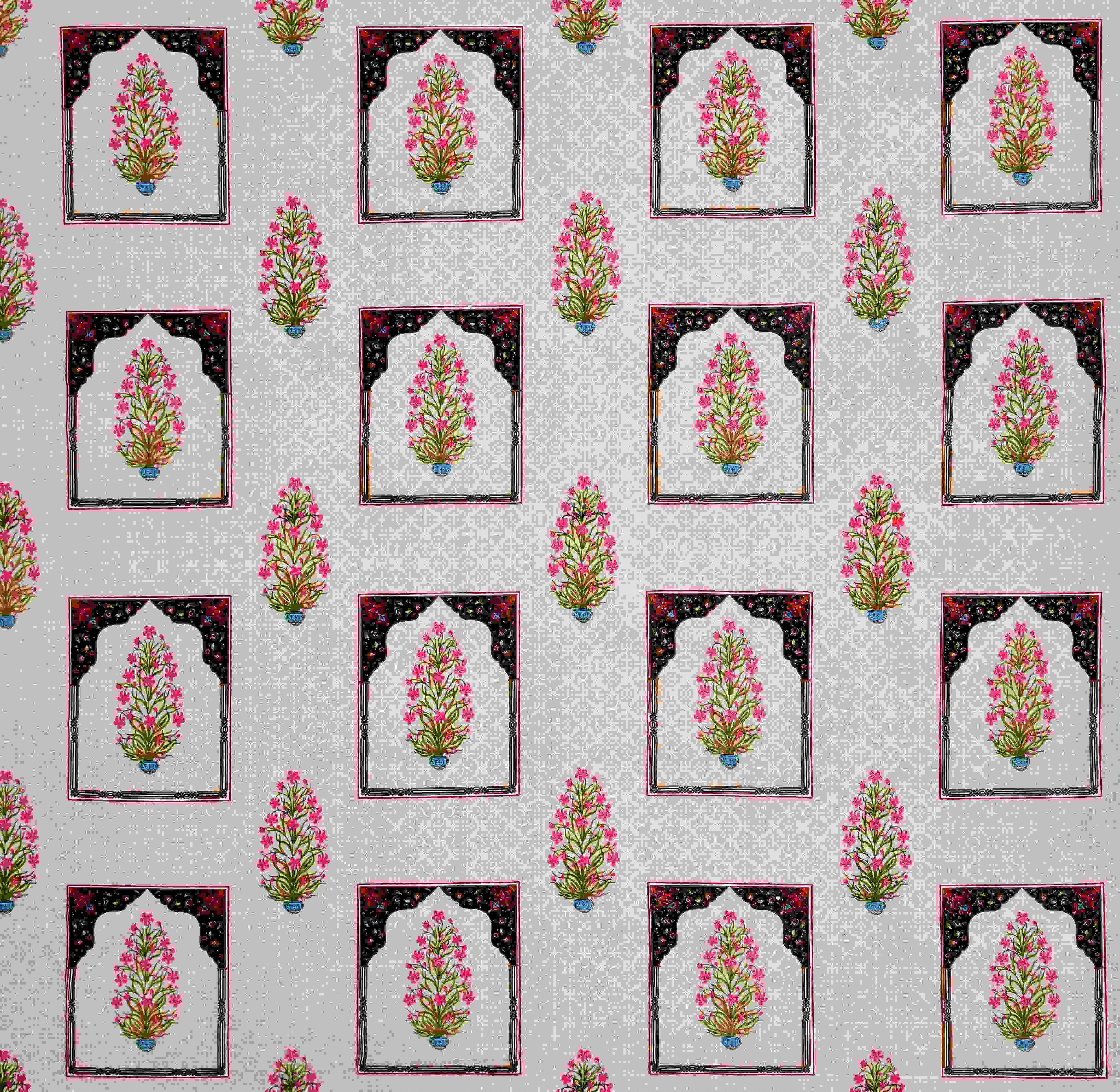 Rang Mahal 108" x 108" Cotton Bedsheet Set with 2 Pillow Covers – Mughal Arch Floral in Beige