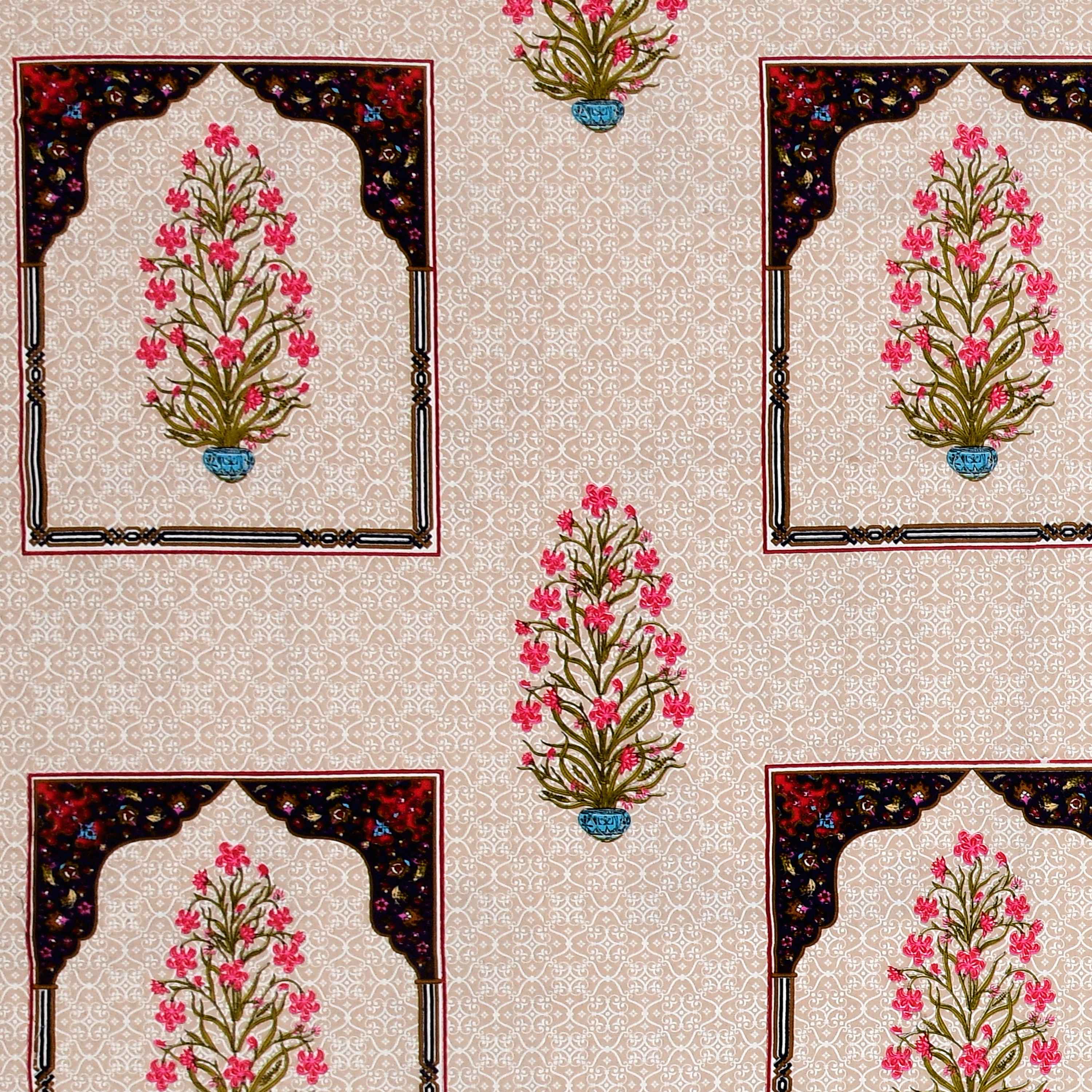 Rang Mahal 108" x 108" Cotton Bedsheet Set with 2 Pillow Covers – Mughal Arch Floral in Beige