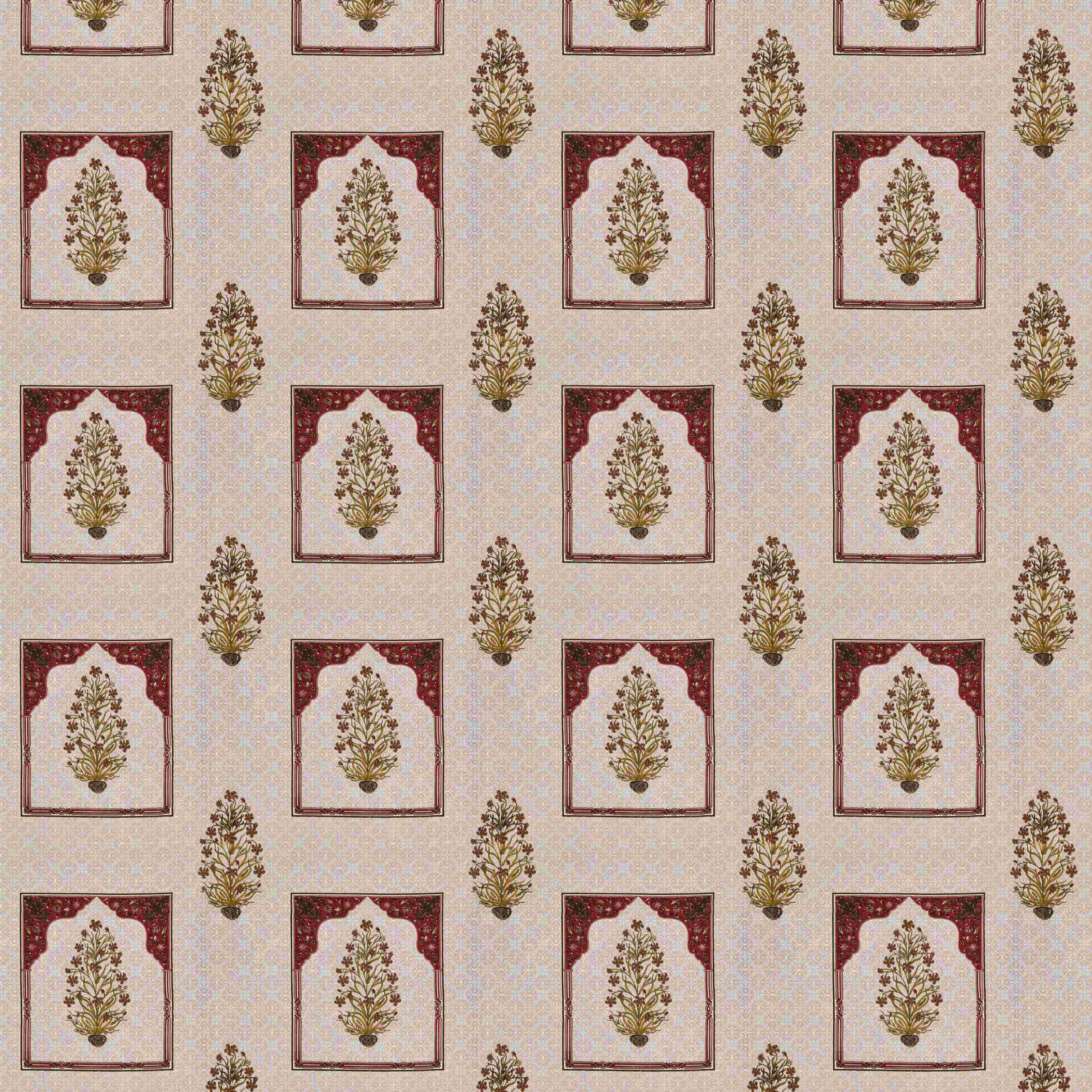 Rang Mahal 108" x 108" Cotton Bedsheet Set with 2 Pillow Covers – Mughal Arch Floral in Maroon & Gold