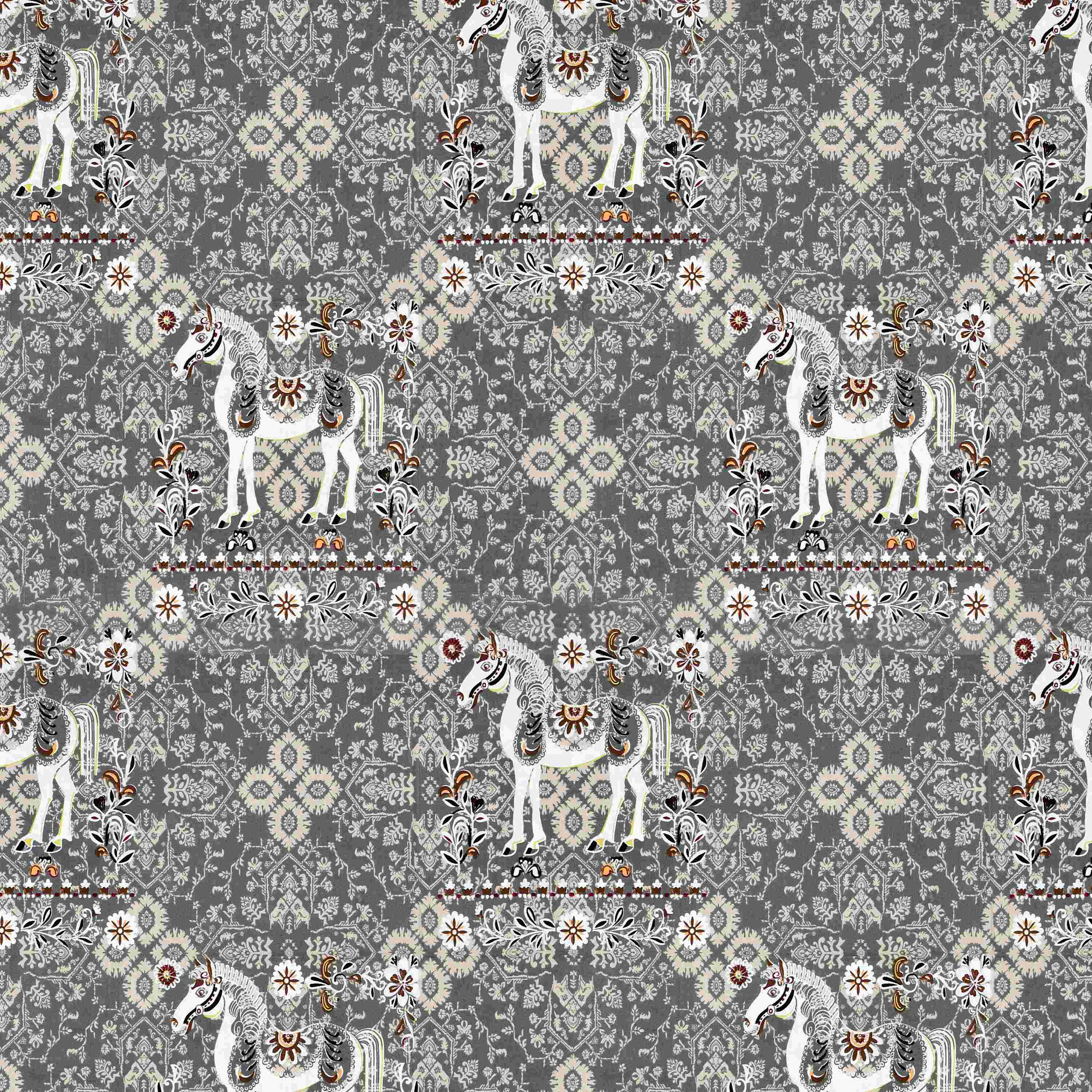 Rang Mahal 108" x 108" Cotton Bedsheet Set with 2 Pillow Covers – Royal Horse in Antique Grey