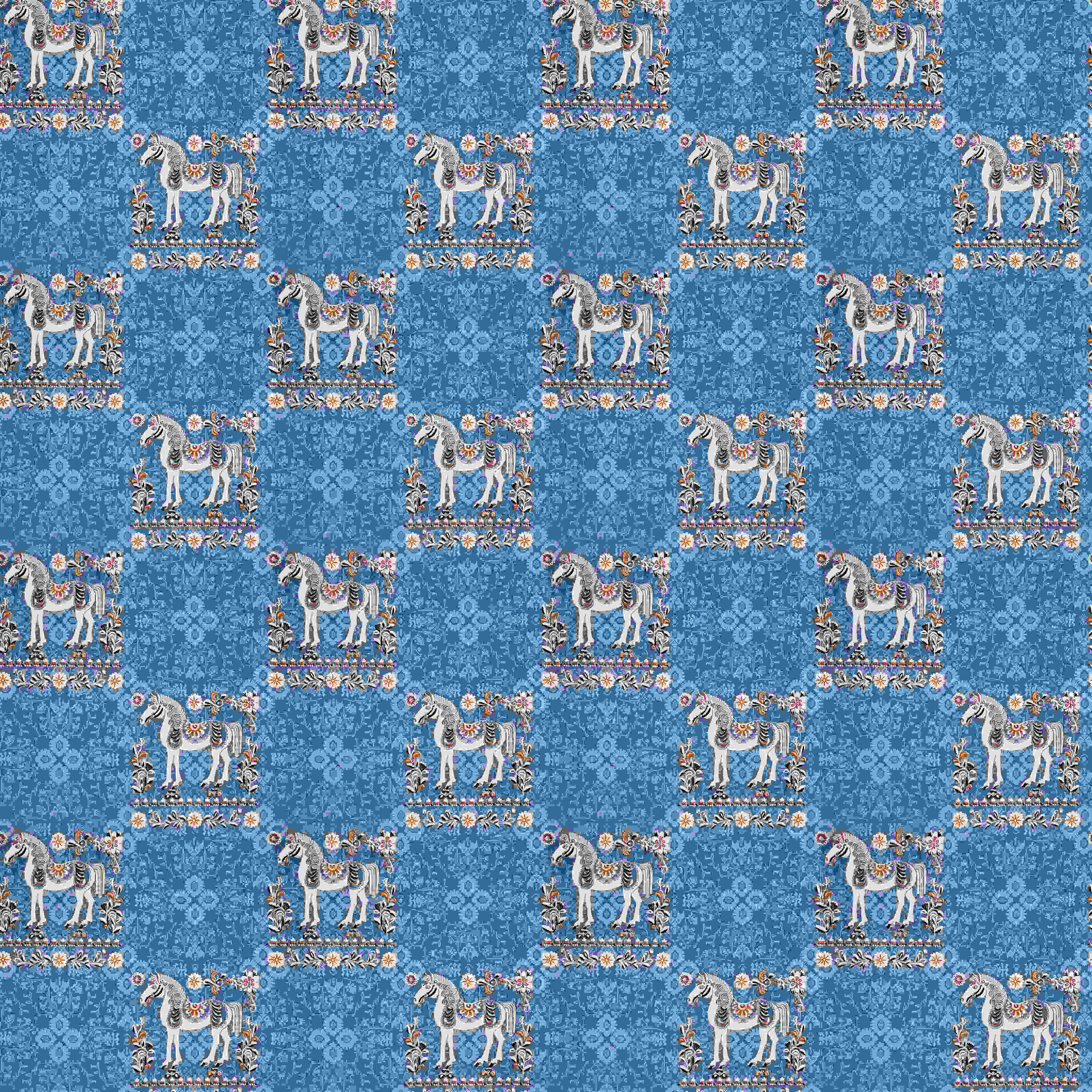 Rang Mahal 108" x 108" Cotton Bedsheet Set with 2 Pillow Covers – Royal Horse in Teal Blue