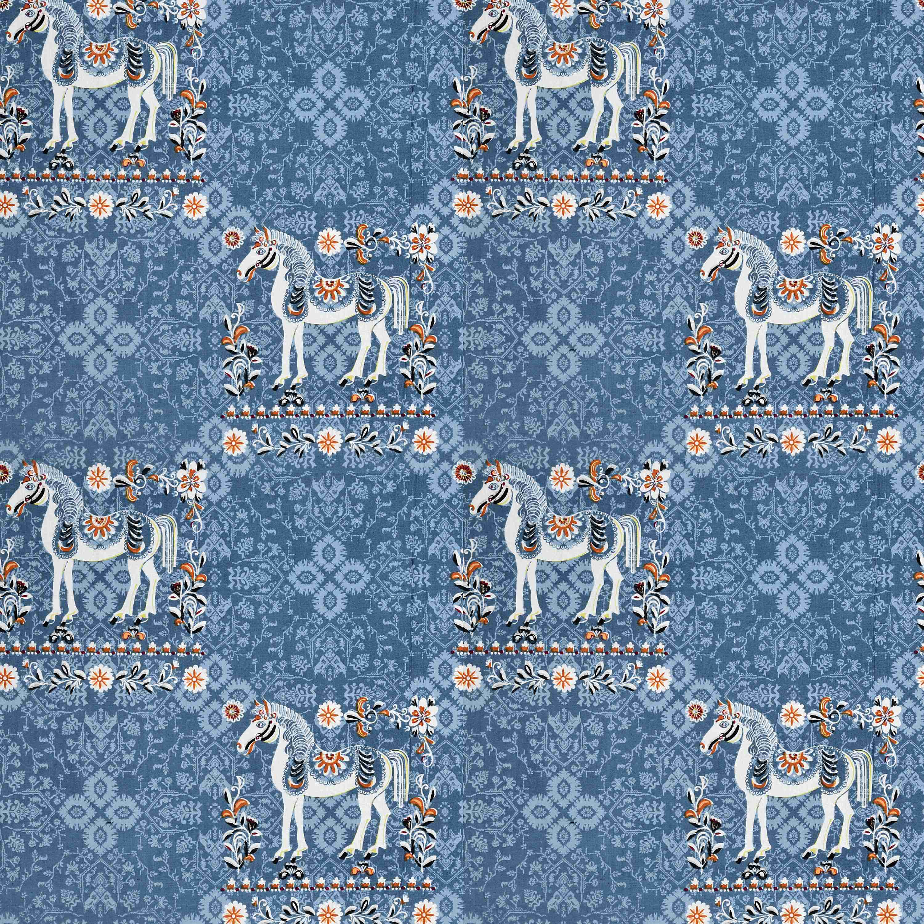 Rang Mahal 108" x 108" Cotton Bedsheet Set with 2 Pillow Covers – Royal Horse in Teal Blue