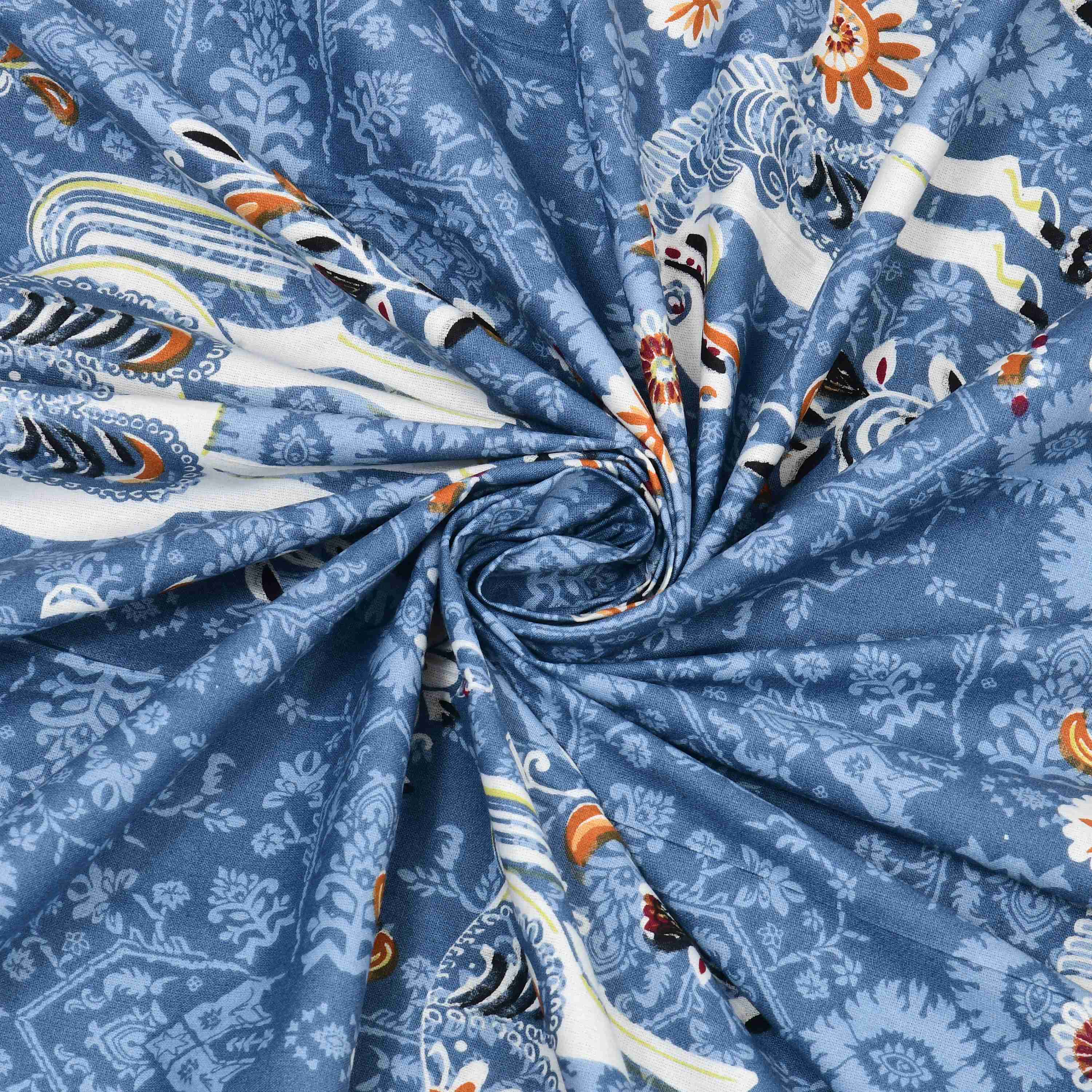 Rang Mahal 108" x 108" Cotton Bedsheet Set with 2 Pillow Covers – Royal Horse in Teal Blue