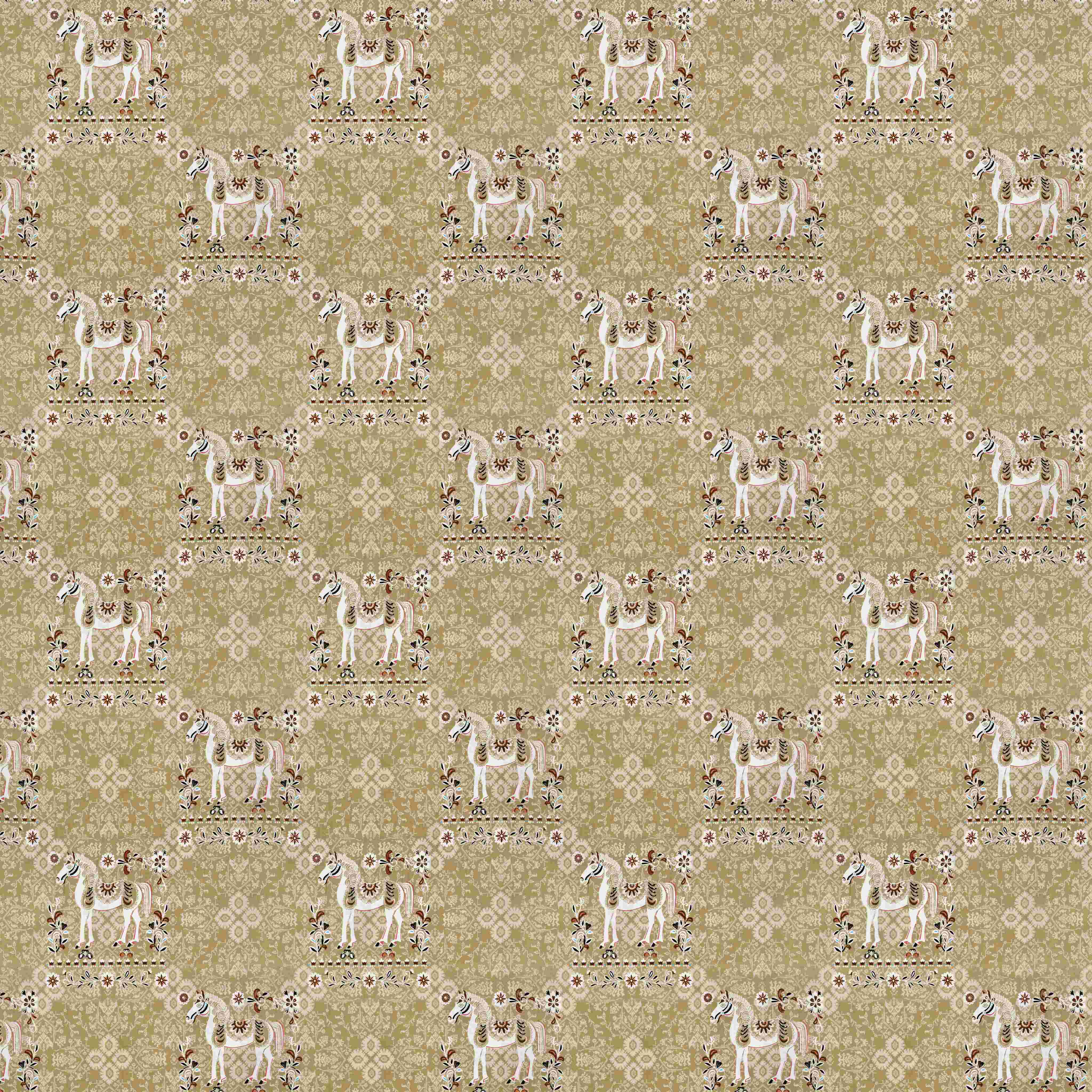 Rang Mahal 108" x 108" Cotton Bedsheet Set with 2 Pillow Covers – Royal Horse in Mustard Gold