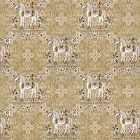 Rang Mahal 108" x 108" Cotton Bedsheet Set with 2 Pillow Covers – Royal Horse in Mustard Gold