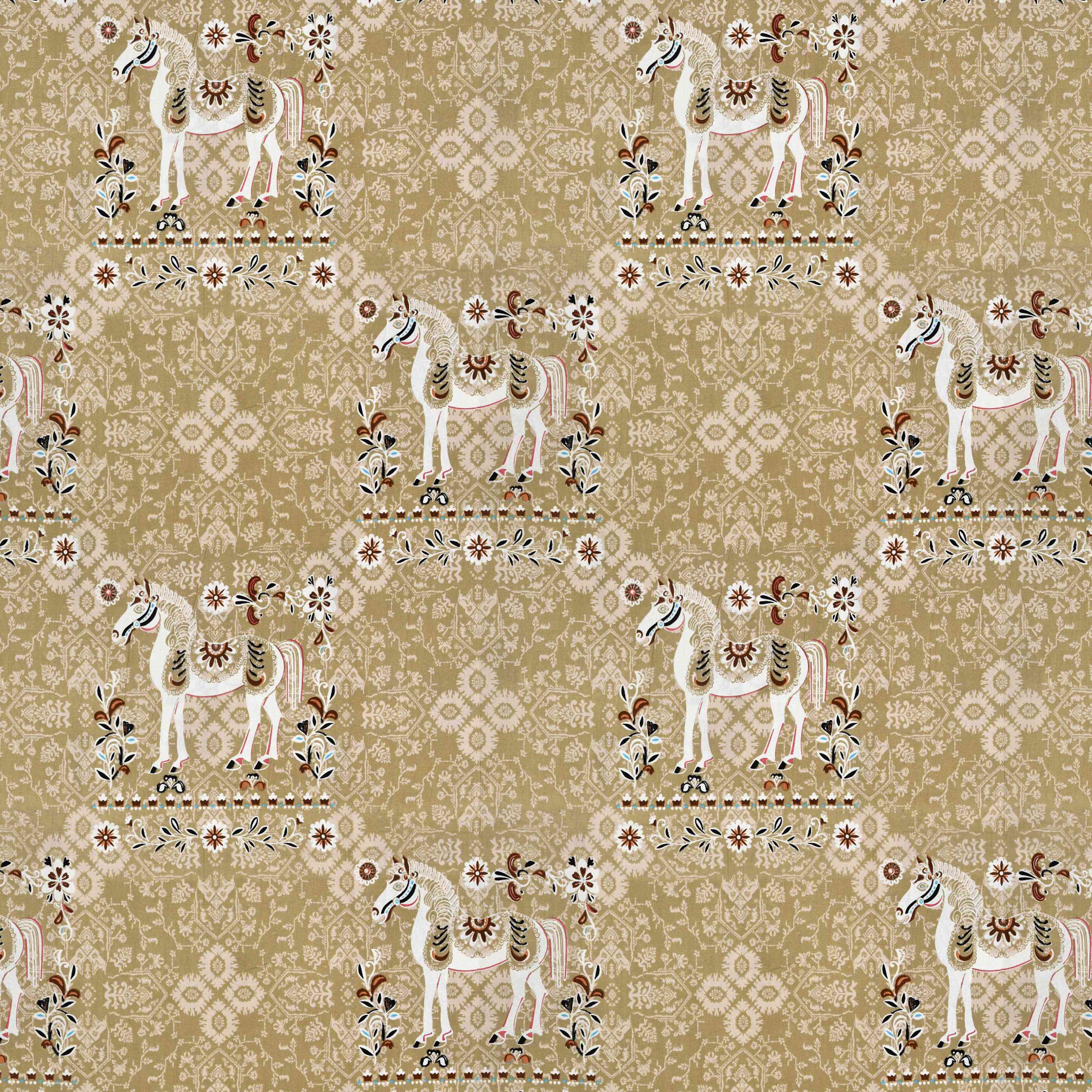 Rang Mahal 108" x 108" Cotton Bedsheet Set with 2 Pillow Covers – Royal Horse in Mustard Gold